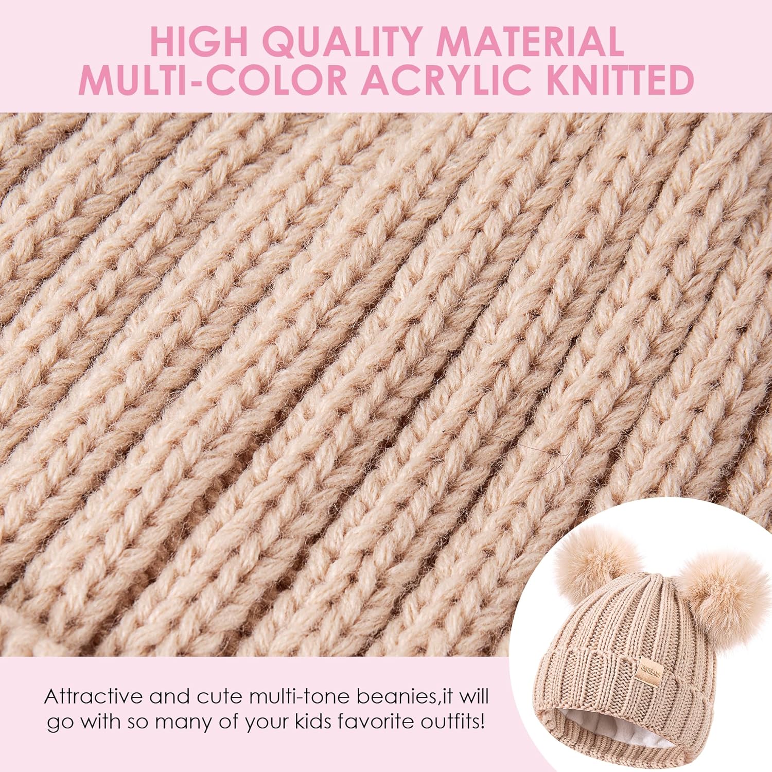 Kids Winter Beanie Hat Warm Ski Caps with Pompom Fleece Lined Children's Knit Hat for Boys Girls - Image 4