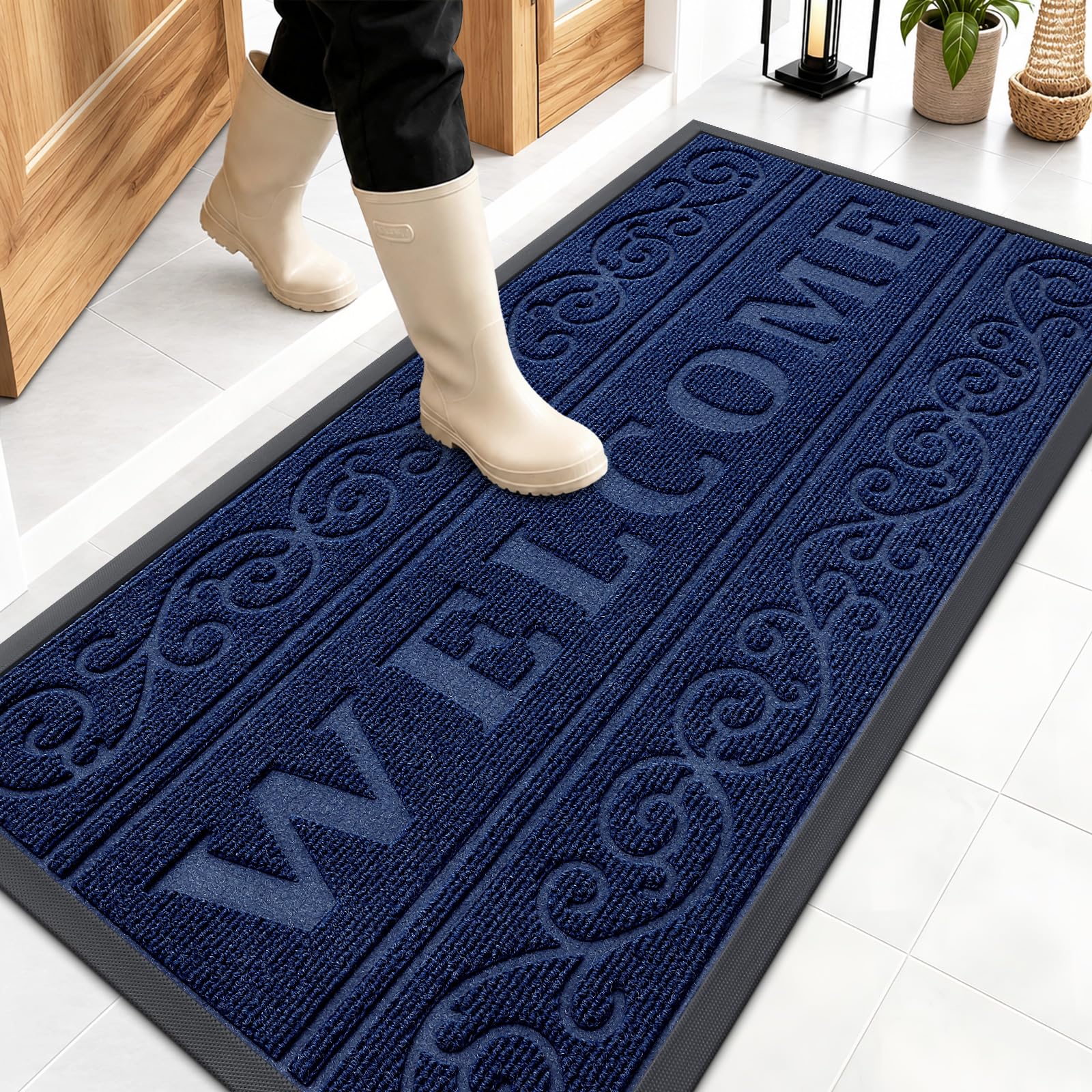 OLANLY Welcome Door Mat Indoor Outdoor 47x23, Heavy-Duty Rubber Doormat