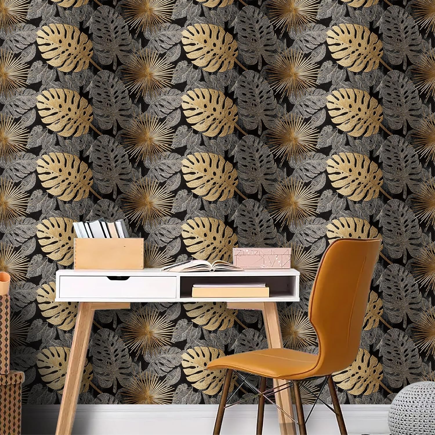 Tropical Leaf Wallpaper Peel and Stick 17.7" x 118.1" Removable Self Adhesive Vinyl Contact Paper Gold Monstera Wall Decor for Modern Accent Living Room Bedroom