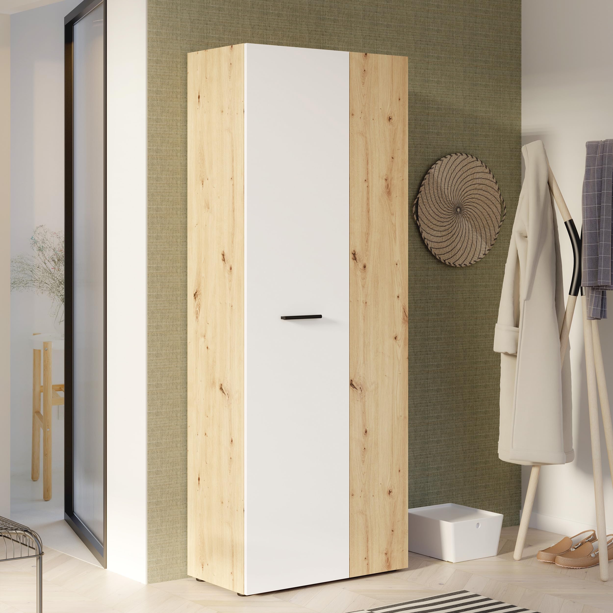 FORTE NET106 Schrank 70 180, Mehrzweckschrank, Staubsaugerschrank, Abstellraum, Drehtürenschrank, 2-türig mit Einlegeböden, Weiß/Holzdekor: Artisan Eiche, 68,7 cm breit x 181,1 cm hoch x 36,5 cm tief Baumarkt