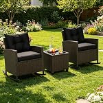 ORALNER 3 Pieces Outdoor Wicker Rocking Chairs, Rattan Rocker with Soft Cushions, Glass Coffee Table, Patio Conversation Furniture Bistro Set for Front Porch Balcony Garden Deck Poolside (Black)