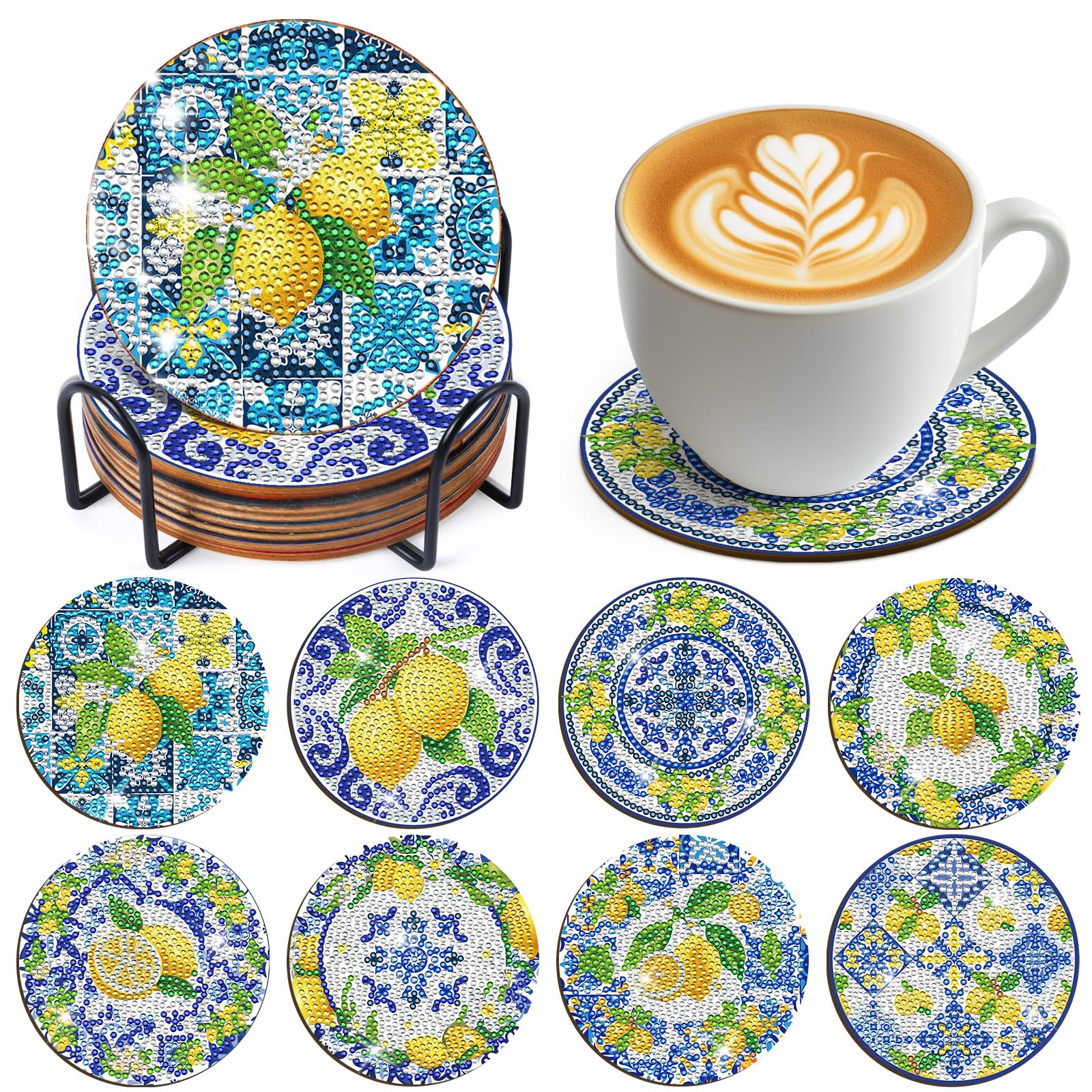 Lemon Diamond Art Coasters - 8 Pcs Diamond Painting Coasters Kit, Amalfi Coast Italy Souvenirs Rhinestone Gem Art Craft Kit for Adult Women