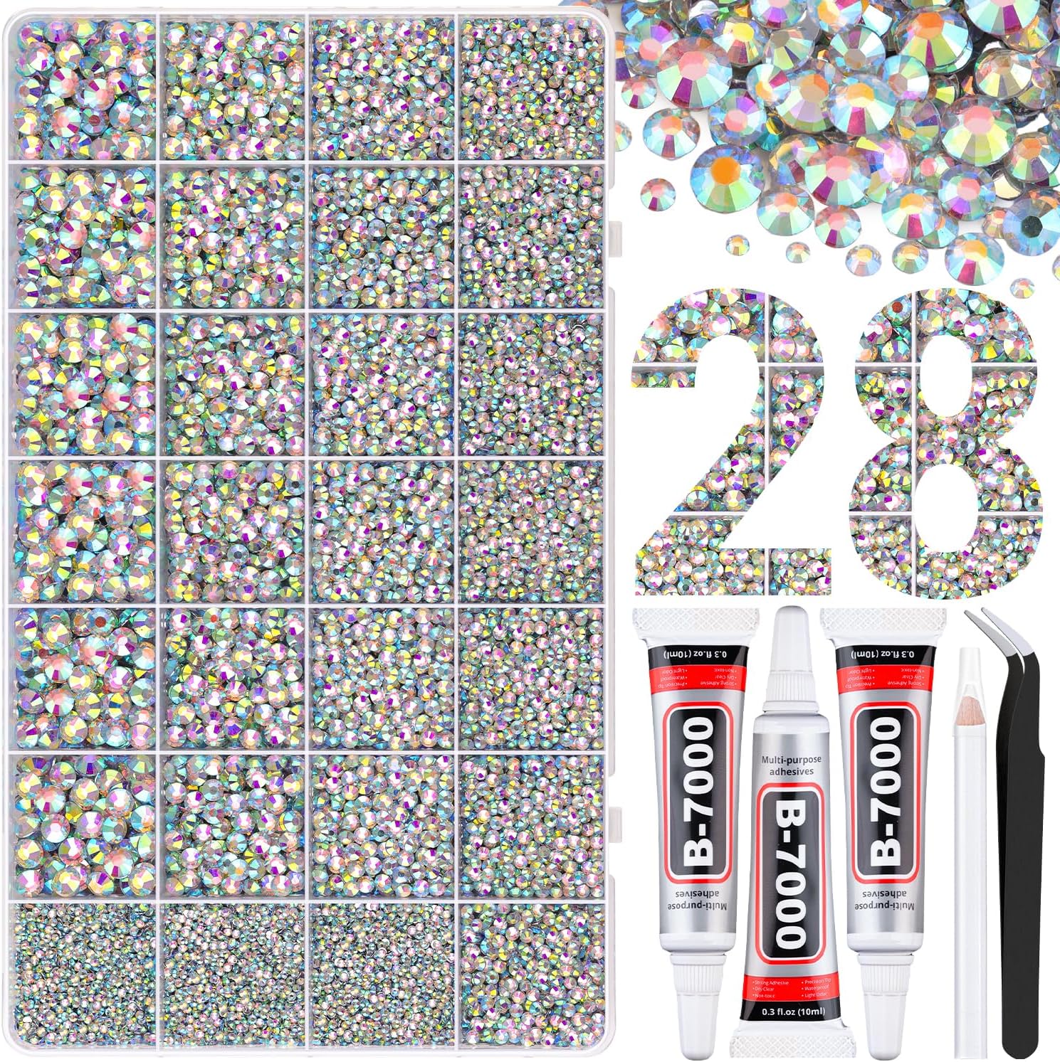 30000Pcs Resin Rhinestones for Bedazzling with Tweezers, AB Rhinestones for Crafting with 3Pcs 10ml B7000 Jewelry Glue for Nail Art