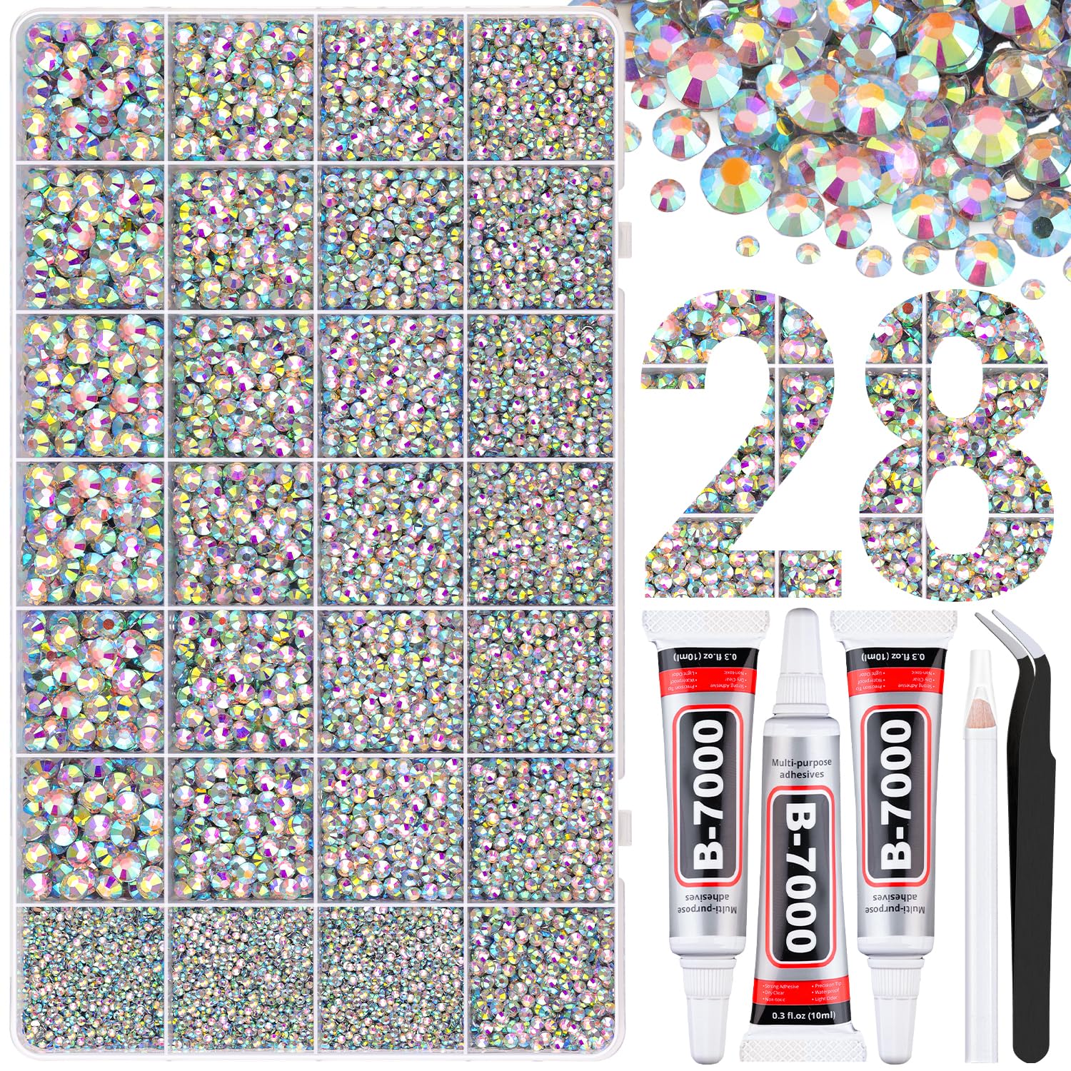 30000Pcs Resin Rhinestones for Bedazzling with Tweezers, AB Rhinestones for Crafting with 3Pcs 10ml B7000 Jewelry Glue for Nail Art