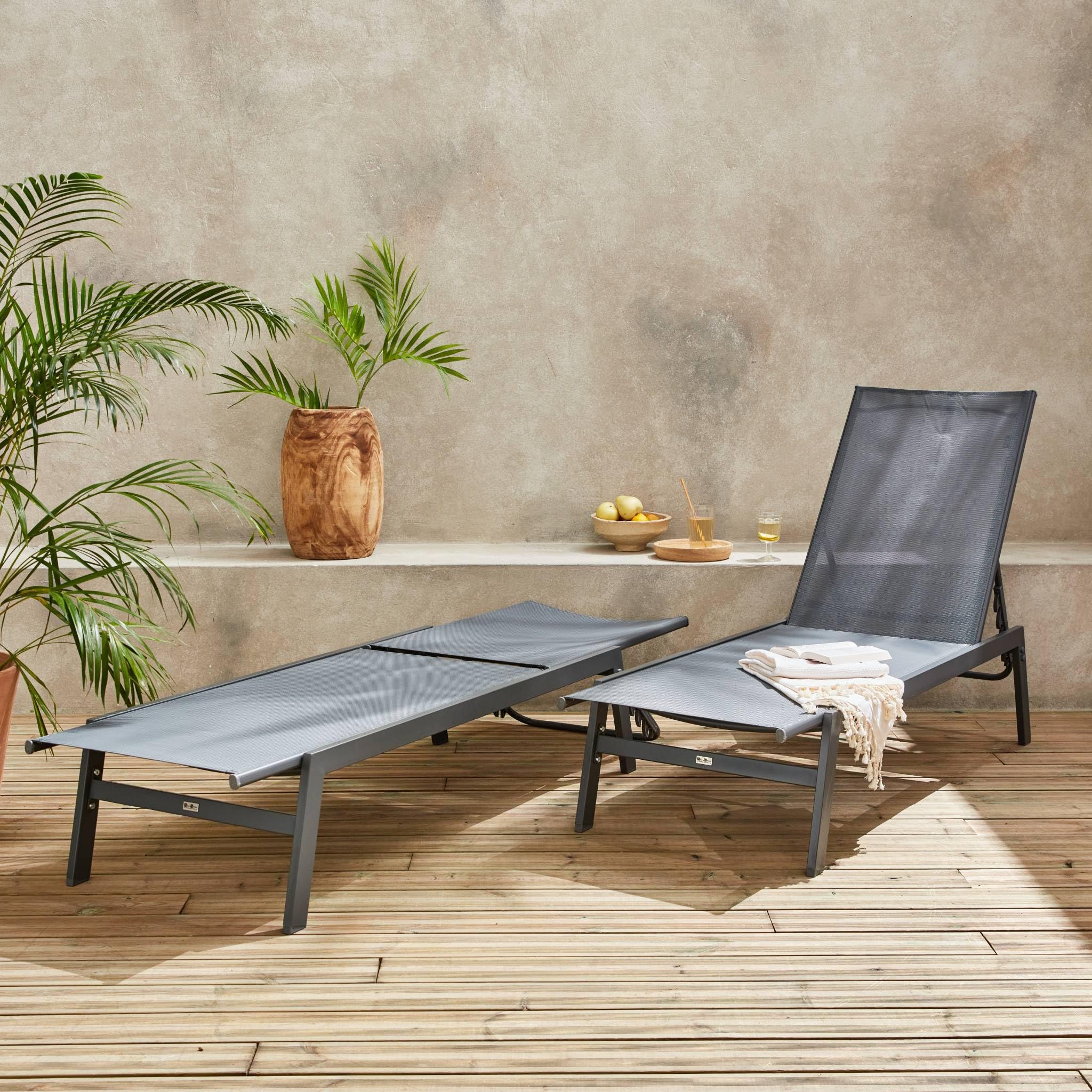 Alice's Garden sweeek - Lot de 2 transats Anthracite. 5 Positions. en textilène et métal. Flora. L155 x P59 x H106cm