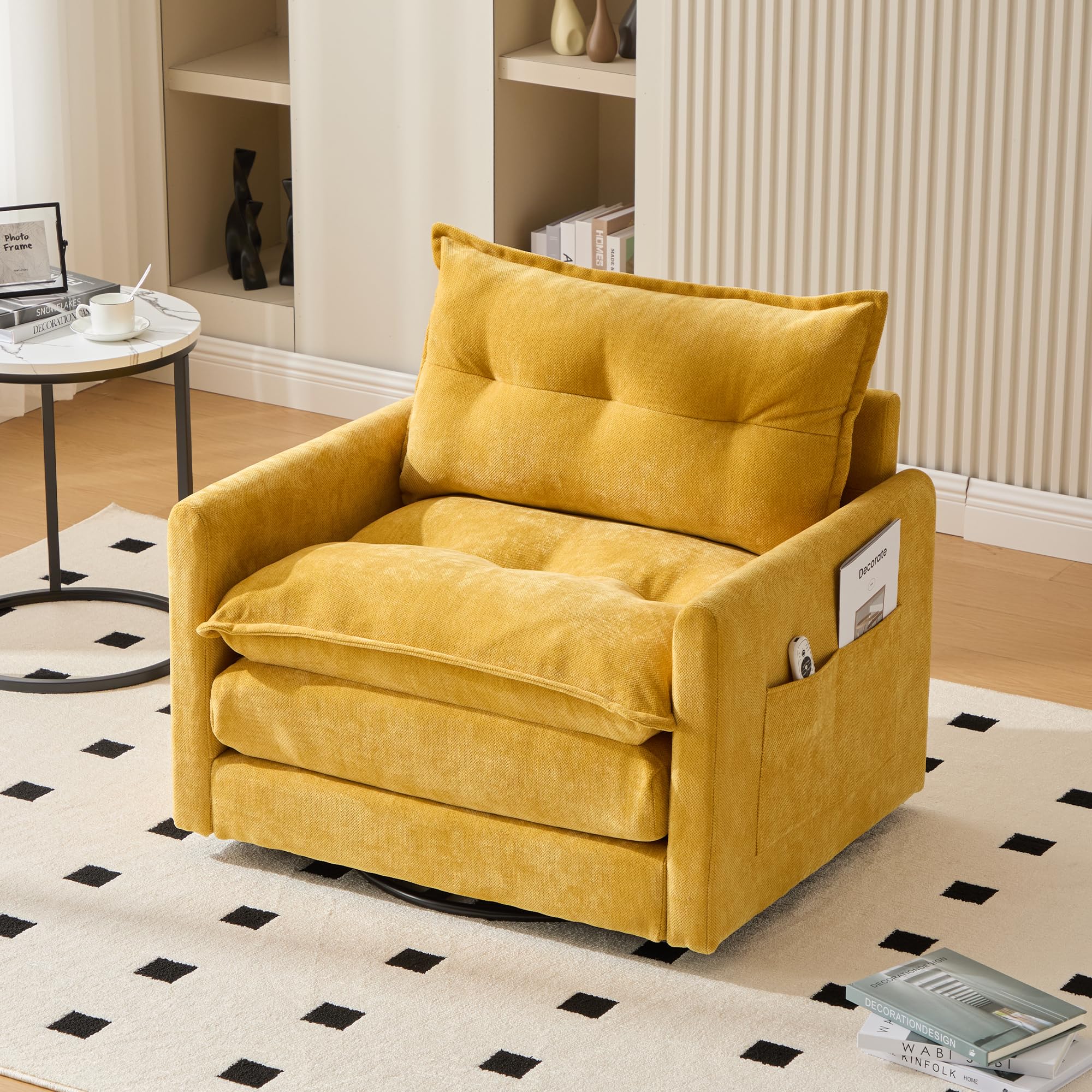 Modern Yellow Cloud Swivel Accent Chair, Chenille Upholstered Arm Chair, Comfy Reading Chairs, Single Sofa for Living Room Office Bedroom Apartment (Mustard Yellow)