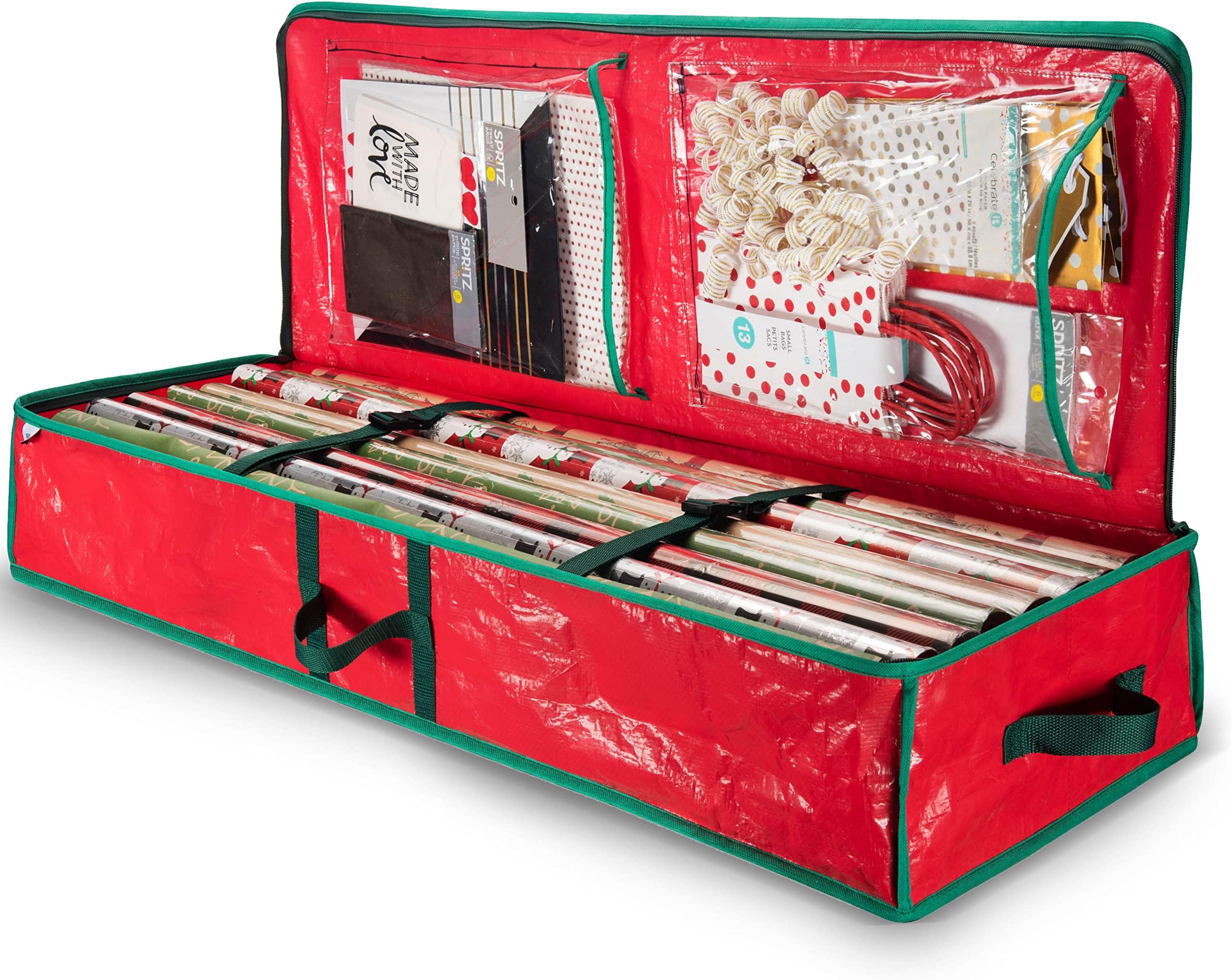ZOBERChristmas Wrapping Paper Storage Bag with Interior Pockets - Fits 18-24 Rolls - Gift Wrap Organiser for Decorations Bows, Tags & Ribbons - Durable Tear Proof Storage Box