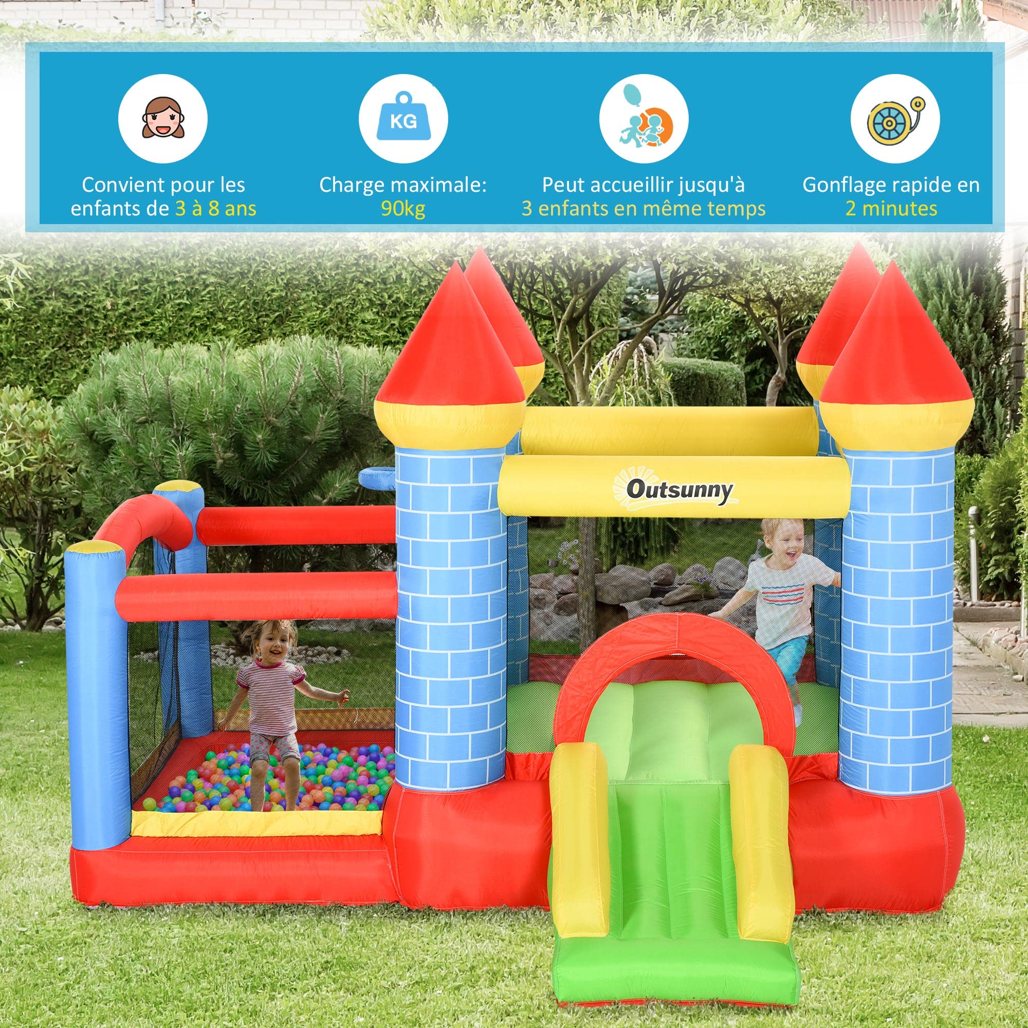 Outsunny Château Gonflable pour Enfants avec Trampoline Toboggan, souffleur 350W et Sac de Transport Inclus jusqu'à 3 Enfants dim. 280L x 260l x 210H cm Multicolore
