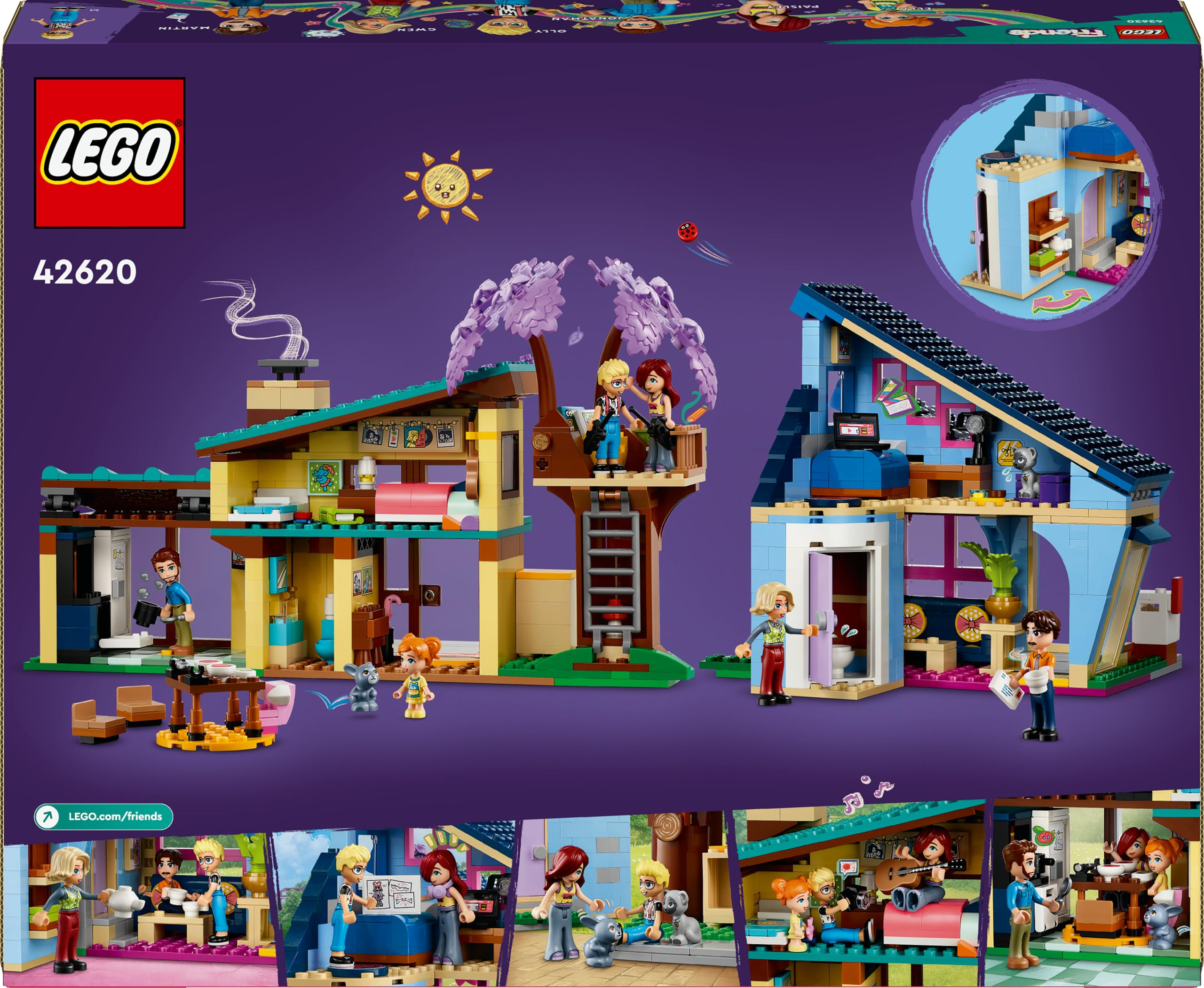 LEGO Friends Le Case di Olly e Paisley, Giochi per Bambine e Bambini da 7 Anni in su con 2 Casa Giocattolo da Costruire, Casa sull'Albero, 5 Mini Bamboline, 1 Micro-Doll e 2 Animali Domestici 42620
