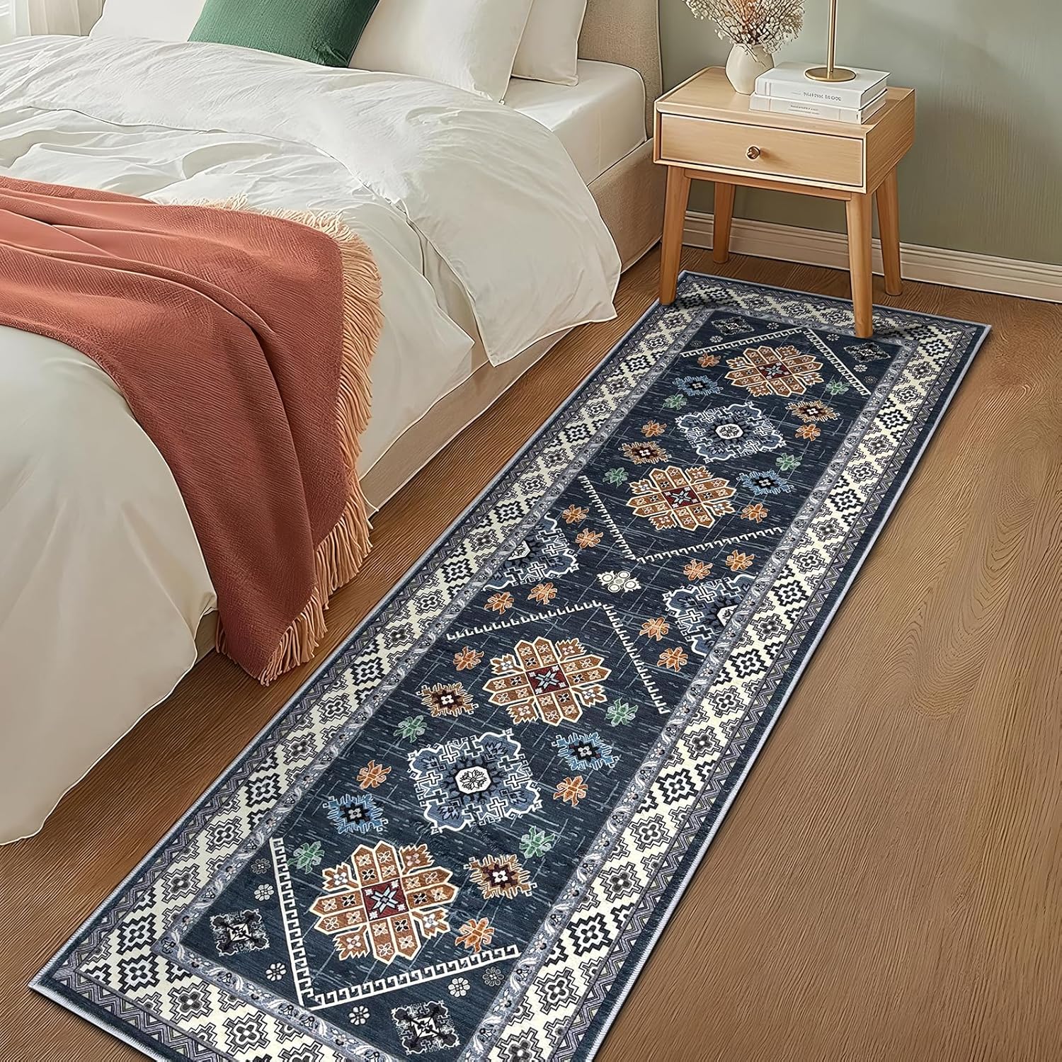 Boho Runner Rug 20x60, Non-Slip Kitchen Runner Rug Washable Faux Wool Stain-Resistant Hallway Runner Rugs, Vintage Low-Pile Blue Non-Skid Carpet for Entryway, Bathroom, Hallway Mats for Floor