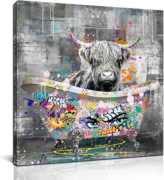 Kepgonegu Highland Cow Bathroom Wall Art - Banksy Graffiti Canvas - Black and White - Ready to Hang - 20W x 20H