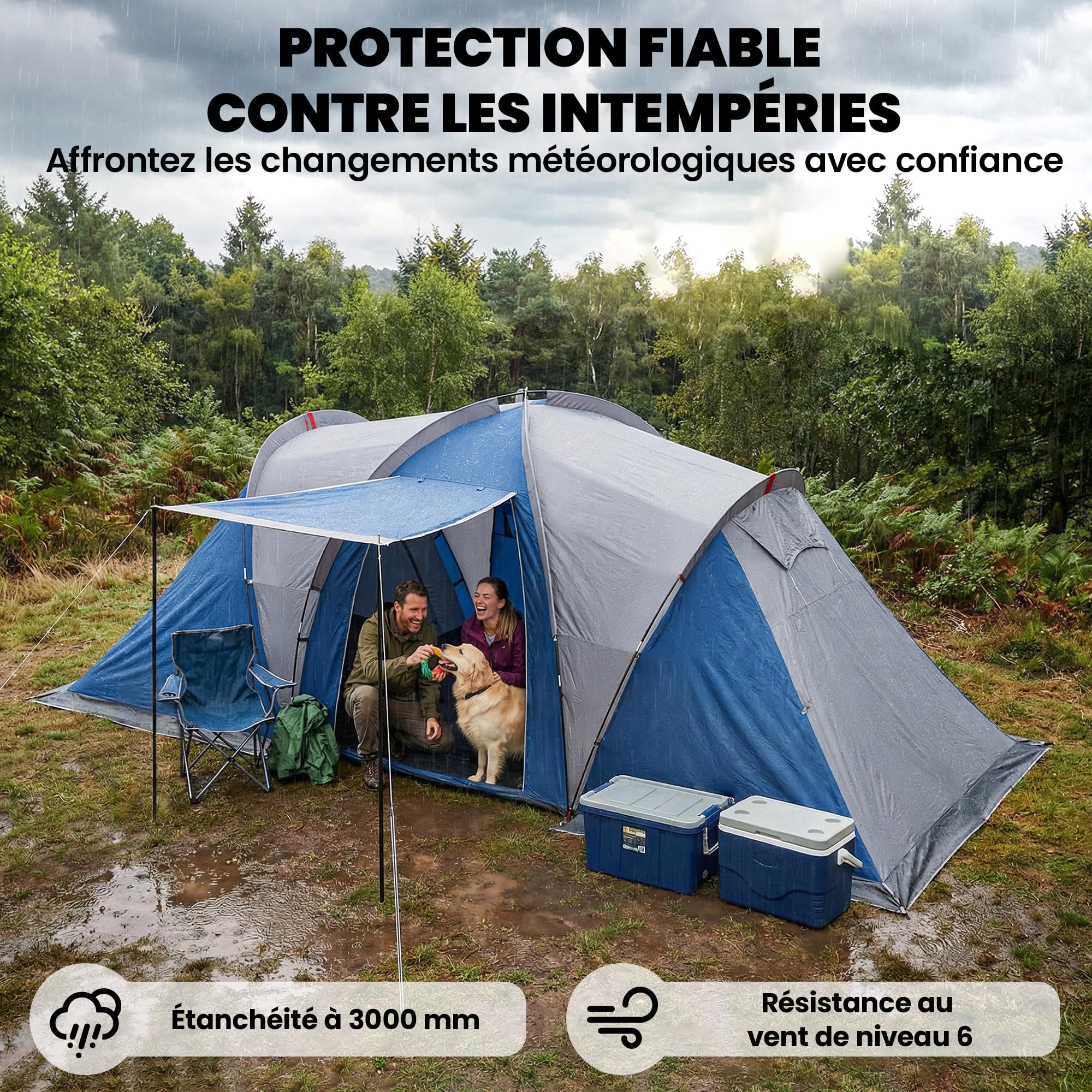 Outsunny - Tienda de campaña con doble capa, túnel familiar para 4-5 personas, grande, con 2 dormitorios y salón para 12 personas, 3000 mm, impermeable, refugio solar con toldo, azul
