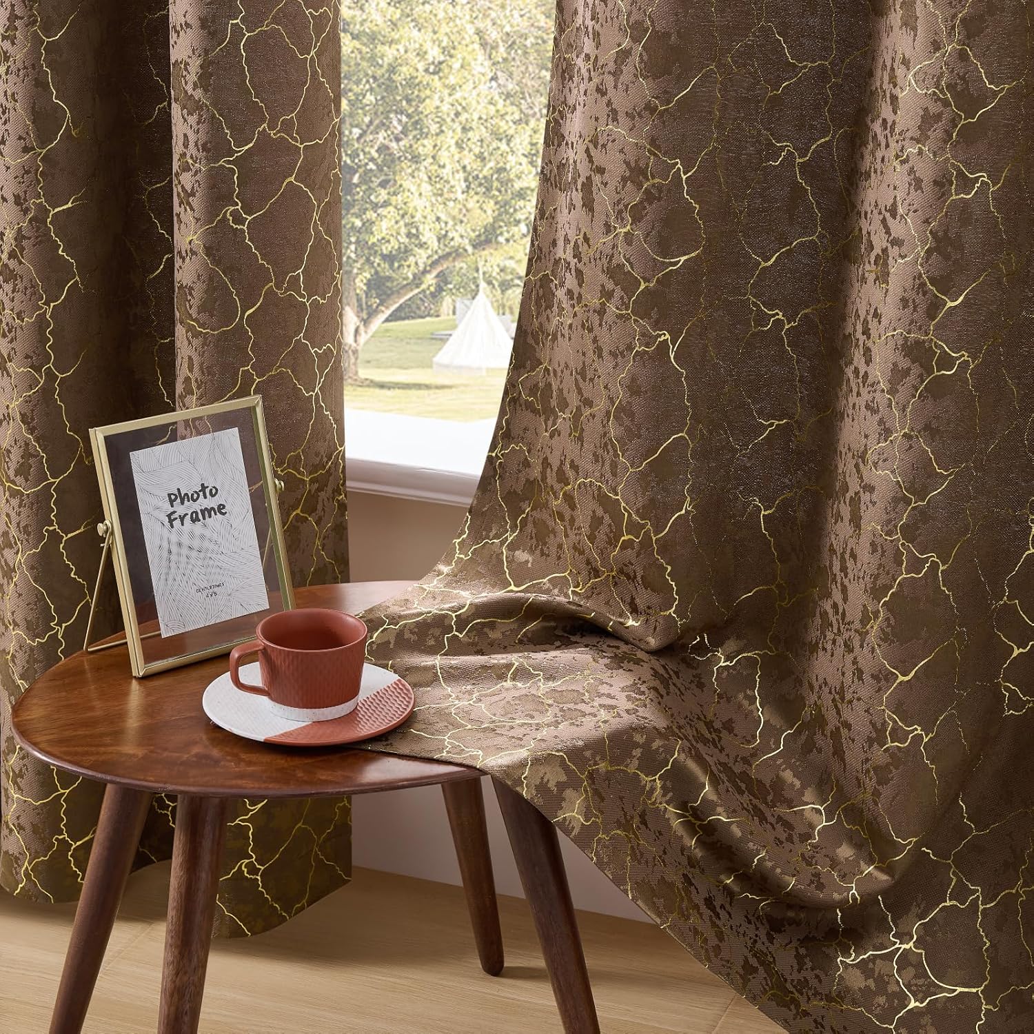 Brown and Gold Curtains 84 Inches long 2 Panels Cocoa Abstract Golden Foil Print Jacquard Curtains Grommet Marble Textured Geometry Modern Privacy Window Drapes for Living Room Bedroom, 52x84