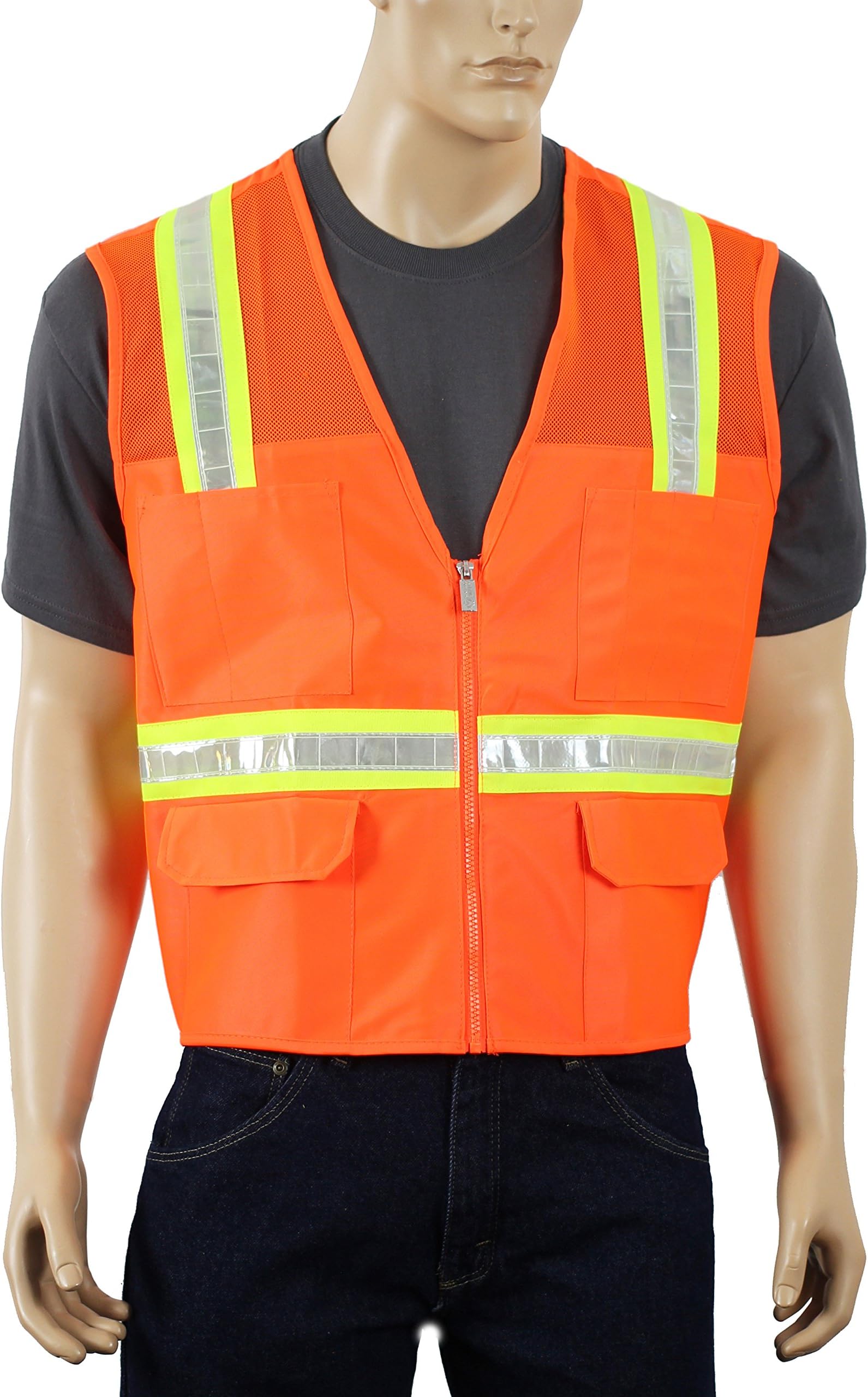 Two Tone Mesh Safety Vest with Pockets and Zipper High Visibility Orange Surveyor Reflective Vest Safety Depot 8038M (2XL)