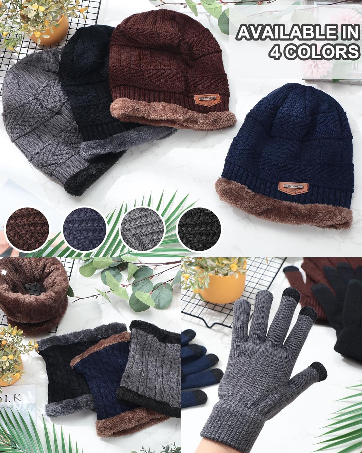 12 Pieces Winter Hat Scarf Gloves Set Snow Beanie Hat Knit Skull Caps Touch Screen Mittens Warm Neck Warmer for Men Women Cold Weather Skiing, 4 Colors - Image 5