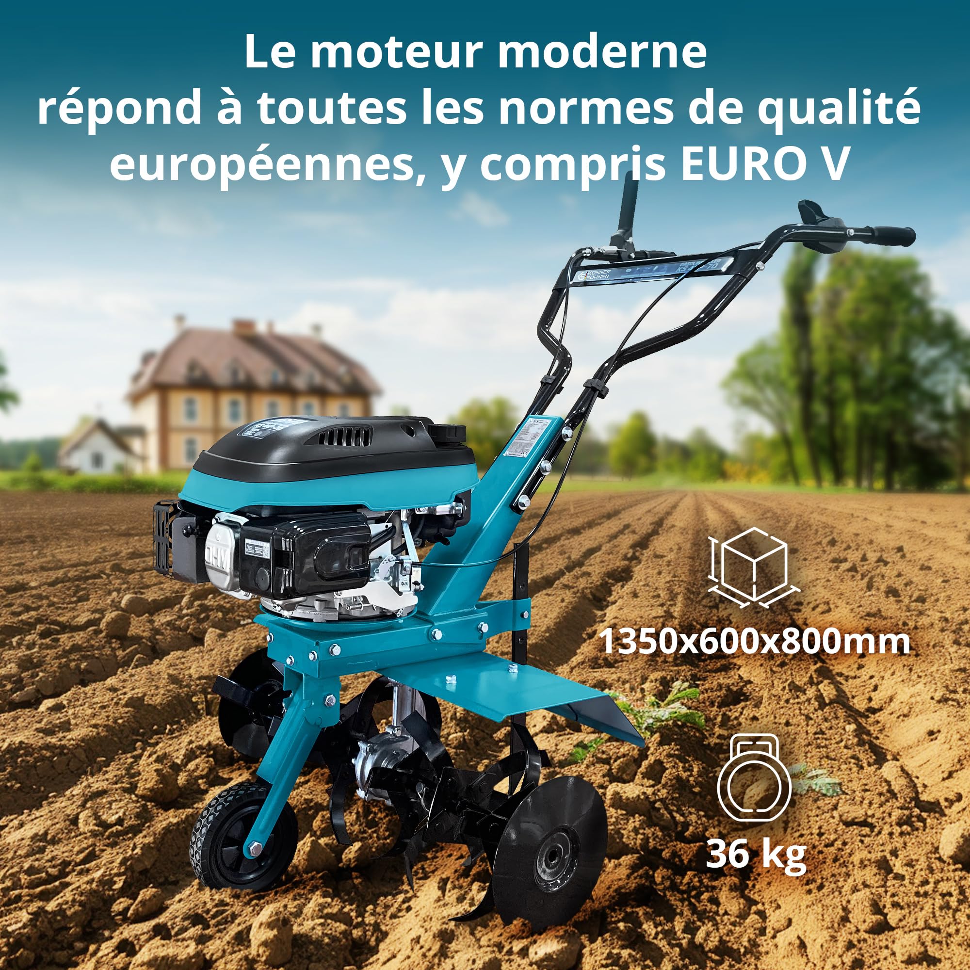 Könner & Söhnen KS 4HP-70 Motobineuse à Essence avec entraînement par Courroie, motoculteur avec Fraise Sabre forgée, Largeur de Travail ≤ 70 cm, Profondeur de Travail ≤ 27 cm, Puissance du Moteur 4