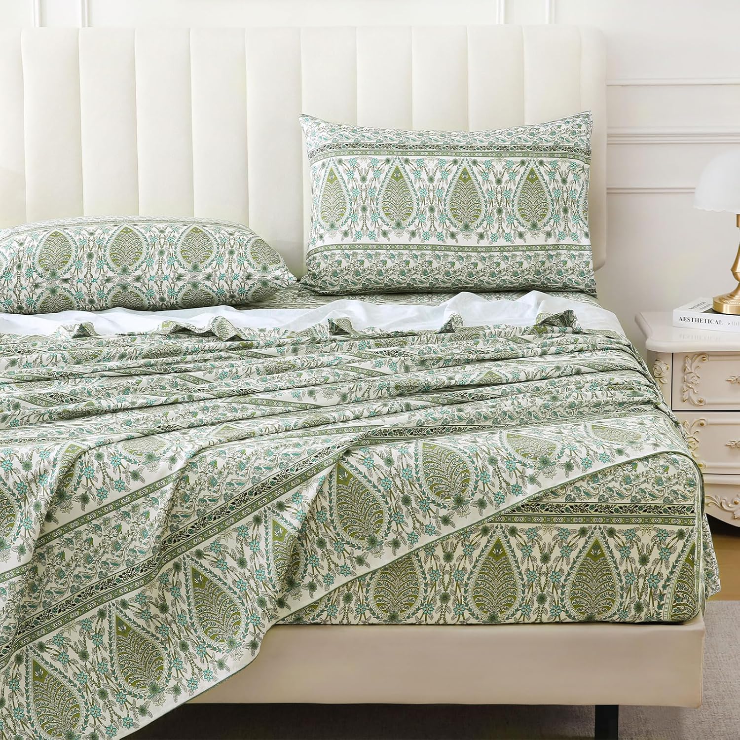 Queen Size Paisley Printed Sheet Set,4 Pieces Boho Style Breathable Soft Microfiber Bedsheets, Anti Pilling Deep Pockets Easy Care Bed Sheets, Green