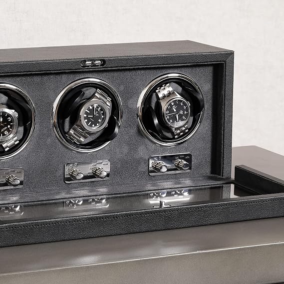 ROTHWELL Triple Watch Winder for Automatic Watches with Quiet Motor with Multiple Speeds and Rotation Settings (Black/Grey)