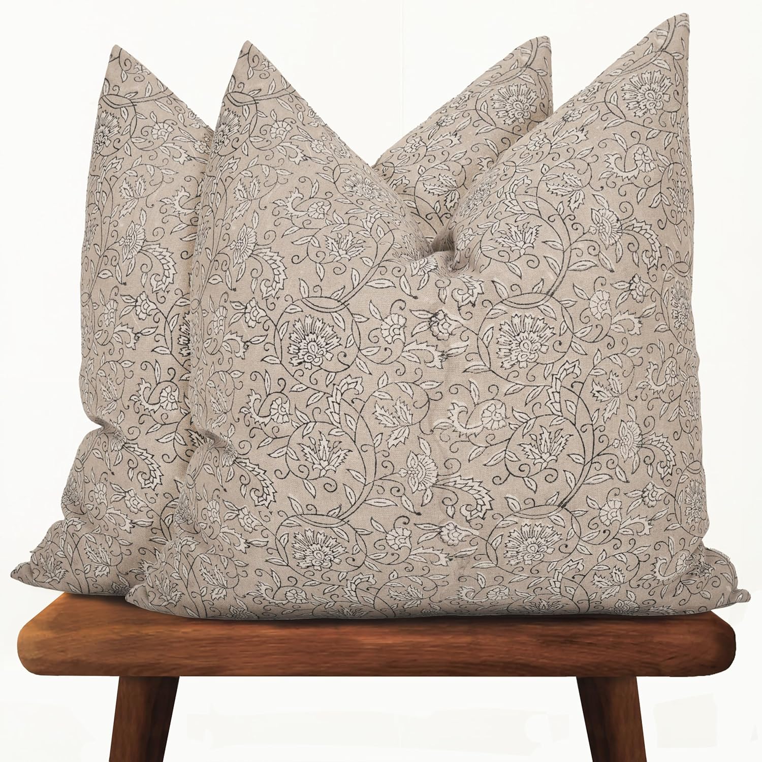 Hand-Block Printed, Artisan-Made Neutral Accent Throw Pillow Covers- 100% Cotton Cushion for Sofa, Bed, Chair, Home Decor, Boho, Indoor - Lina (Beige, 20" x 20" (Pack of 2))