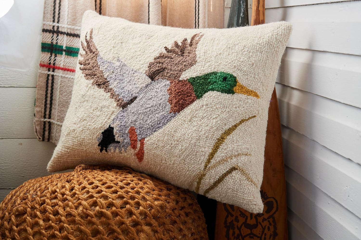 Camp Wandawega Mallard Wool Hook Throw Pillow, Vintage Lodge Decorative Pillow, Oblong 16x20