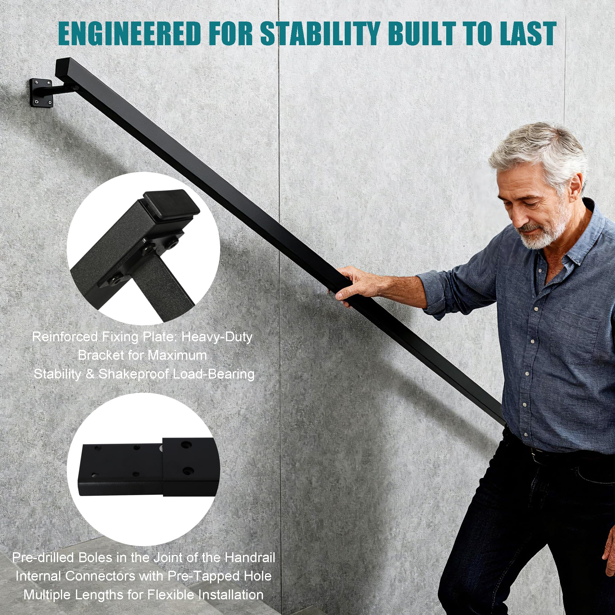Corrimano per Scale Interne, Ringhiera per Scale Esterni, Passamano da Parete in Metallo Ferro, Corrimano Maniglia di Sicurezza Balaustre, Montati a Parete, Nero, 160CM