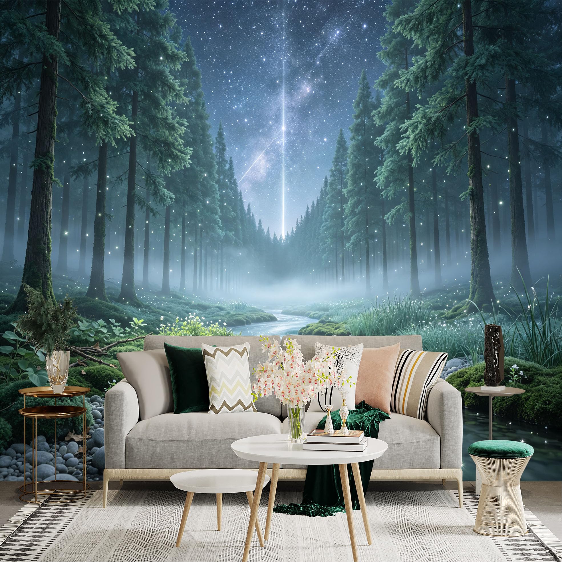 Lnzczhyre Bh260719231 Custom Size Wall Sticker Mural， Enchanted Forest With Flowing River， Glowing Fireflies， Night Sky And Stars， For Wall Decoration， Peelandstick Wall Decals.