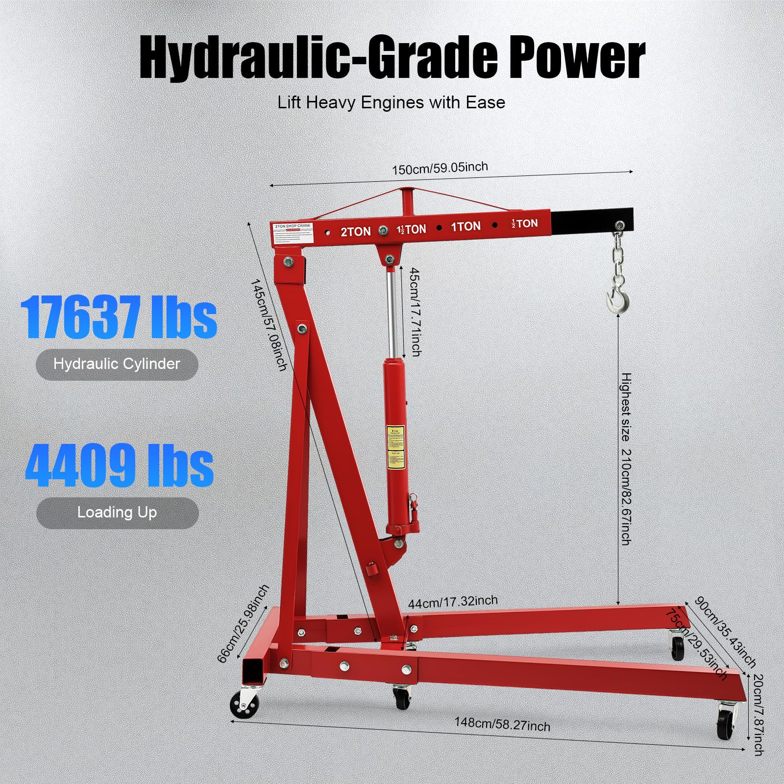 Grúa plegable de 4 niveles con motor, grúa de acero al carbono, 6 rodillos de hierro, grúa hidráulica ajustable, elevador de motor plegable para reparación de automóviles, talleres, garajes (rojo)