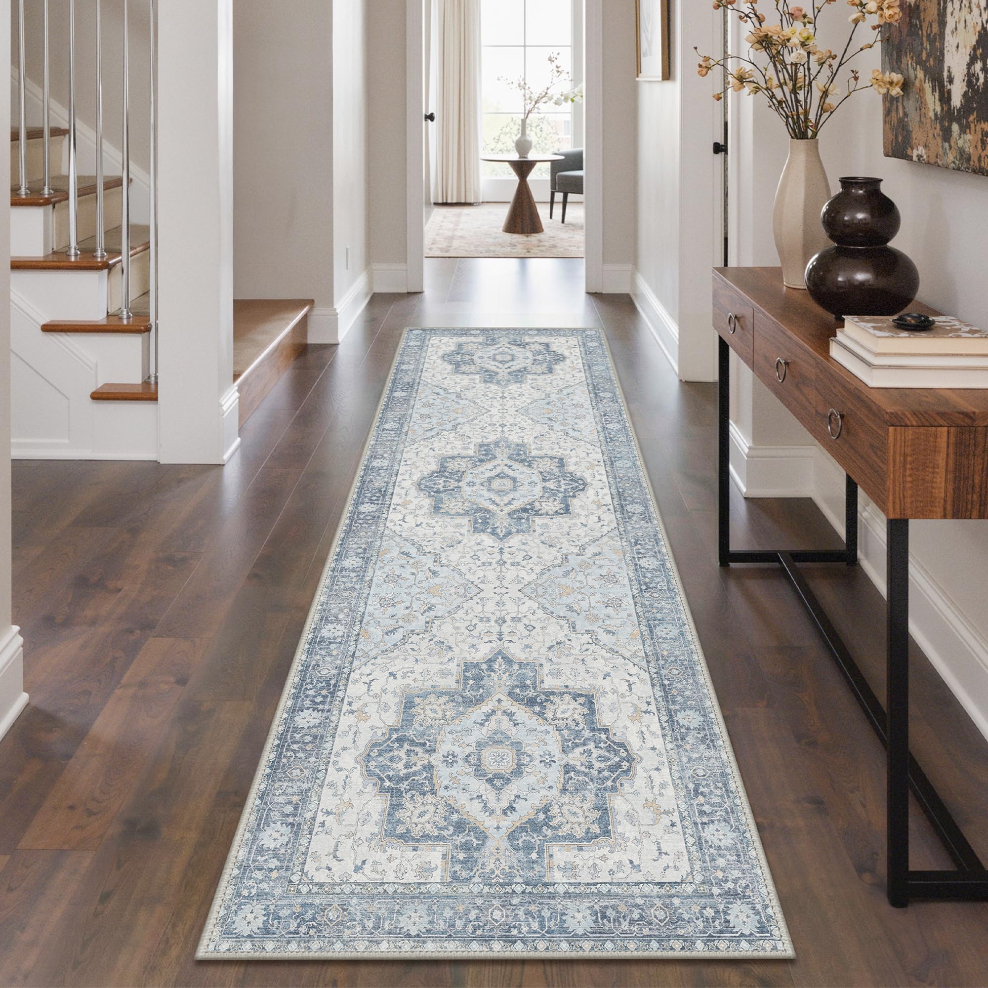 BEIMO Runner Rugs for Hallway 80x150cm, Non-Slip Washable Rug Soft Low Pile, Nursery Rug Oriental Distressed Design Carpet Runners for Entryway Kitchen Laundry Room, Soft Blues and Ivory โ image 1