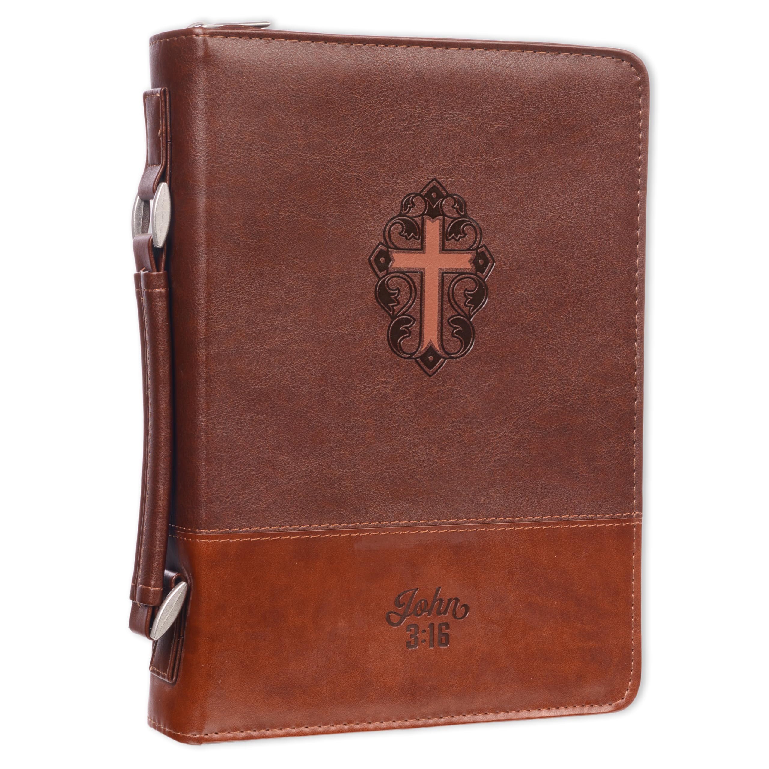 Christian Art Gifts Men's Classic Bible Cover Cross John 3:16, Brown Faux Leather, Large