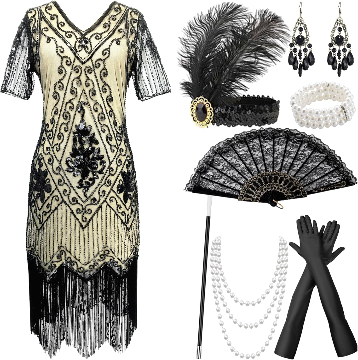 Women's V-neck Dresses 8-piece set 1920s Fringed Sequin Dress with 20s Accessories -20s Accessories Set