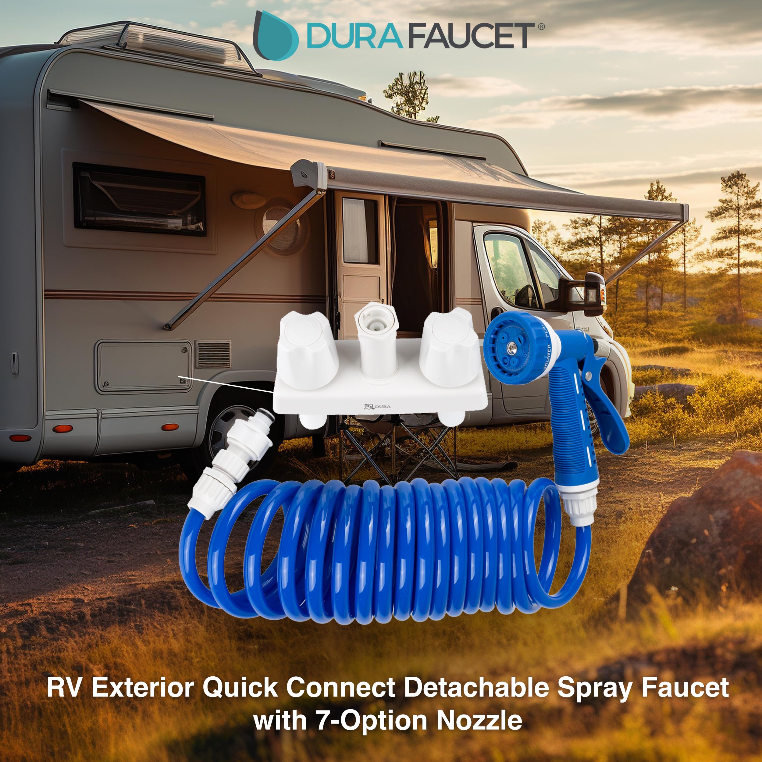 Dura Faucet Grifo de conexión rápida para exteriores y caravanas con manguera de bobina y boquilla de pulverización múltiple