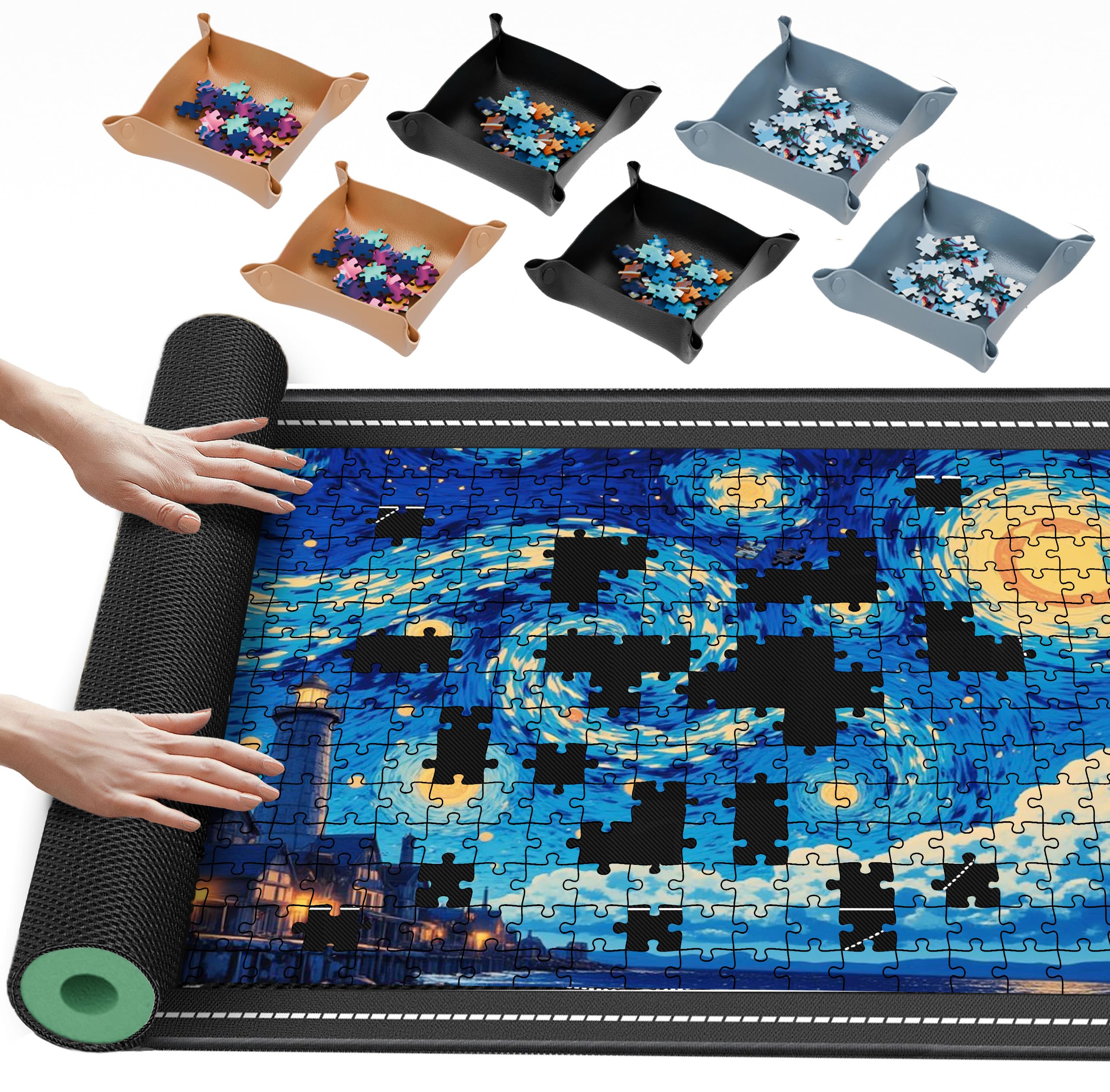 Lwoeo Jigsaw Puzzle Mat Roll Up 2000 Pieces, Black 48.4” x 30.7” Smooth Top Saver Pad, Large Puzzel Matt Rollup with 6 Sorting Trays & Travel Storage Bag for Sorting Table, Board, Puzzles Mats