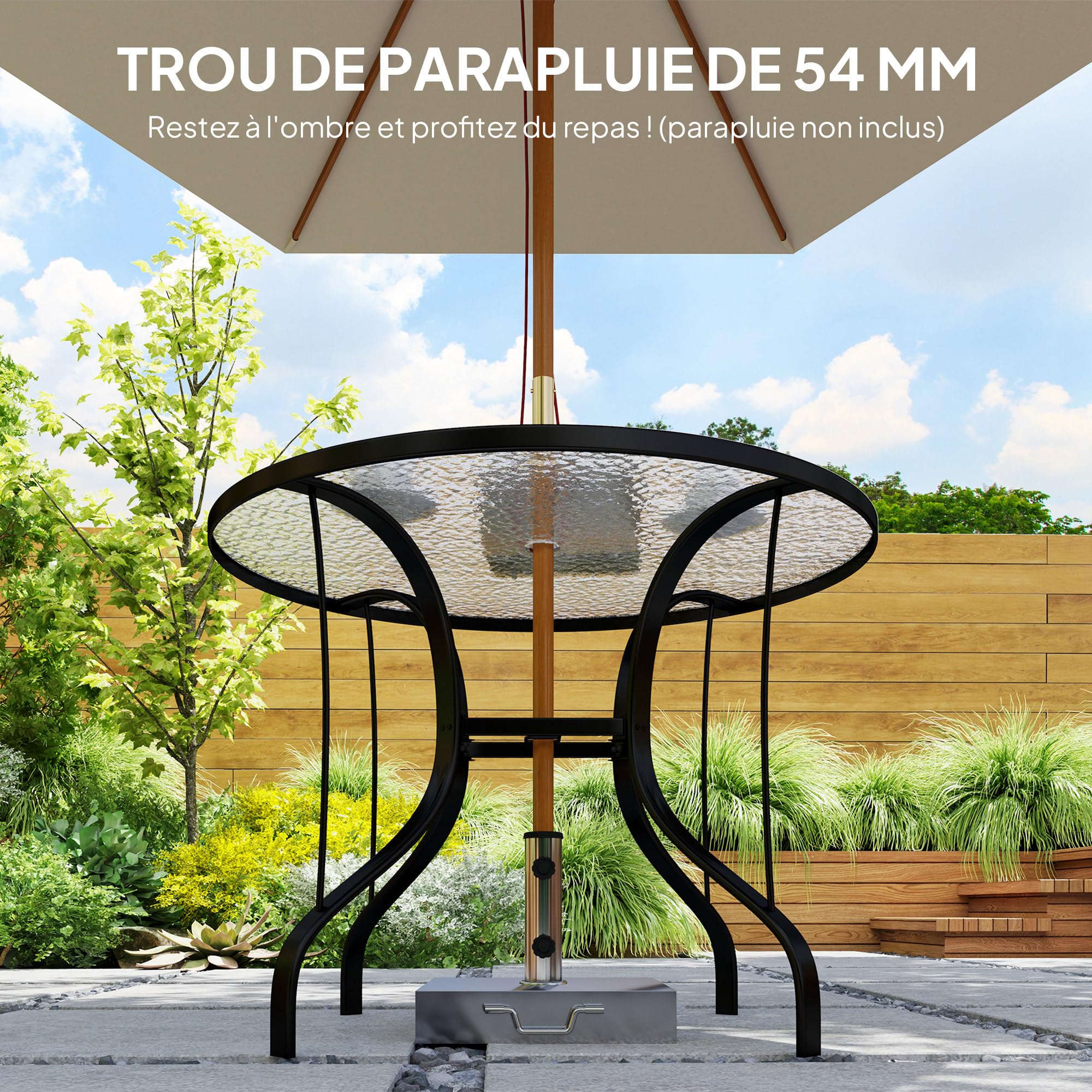 Outsunny Table de Jardin Ronde Ø96.5x71 cm Verre Trempé Métal Noir avec Trou pour Parapluie