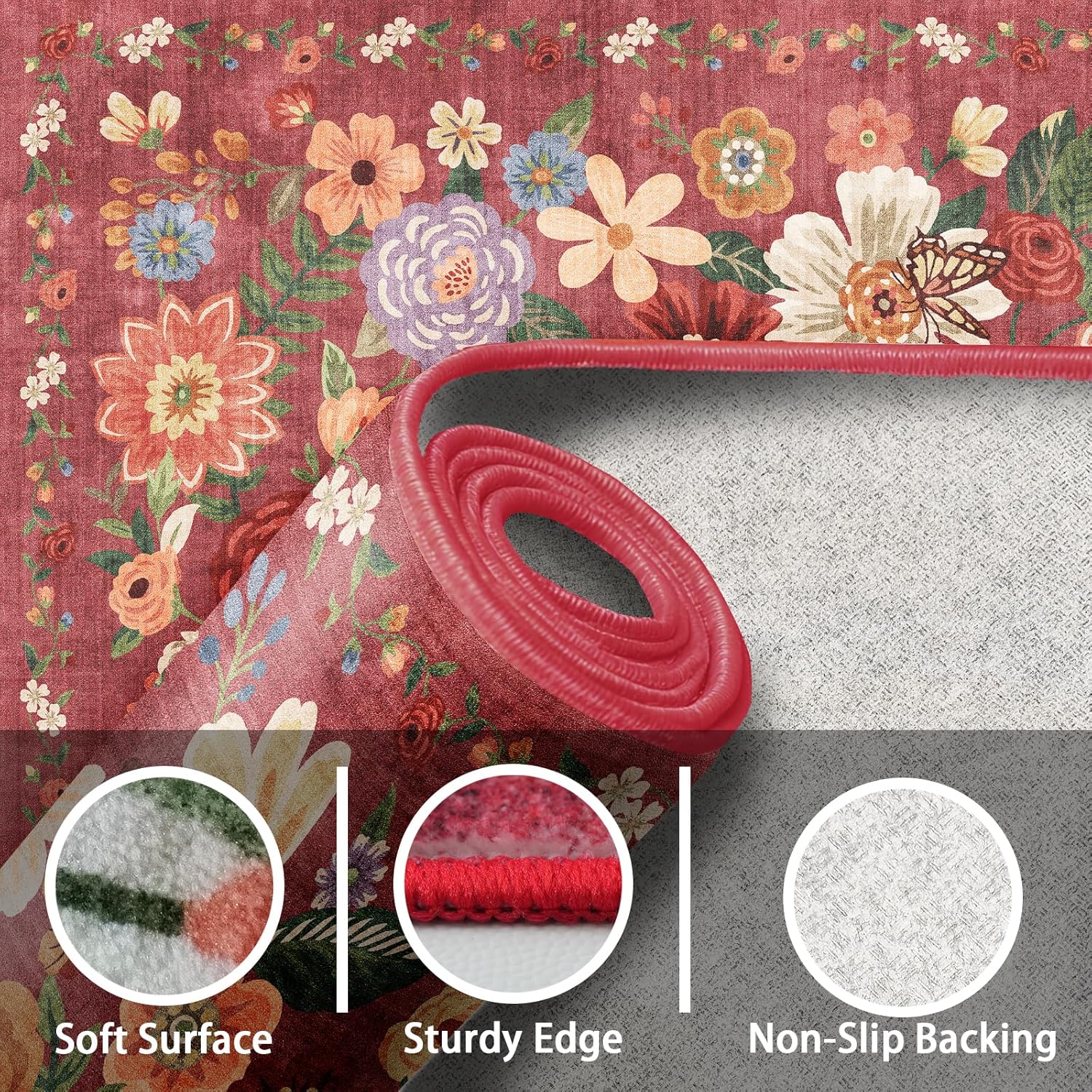 Rug for Hallways Kitchen Rug 3x7, Non Slip Washable Rugs with Rubber Backing Soft Floral Carpet Runner for Hallways, Kitchen, Laundry, Bedroom, Bathroom(3 x 7, Red Garden)