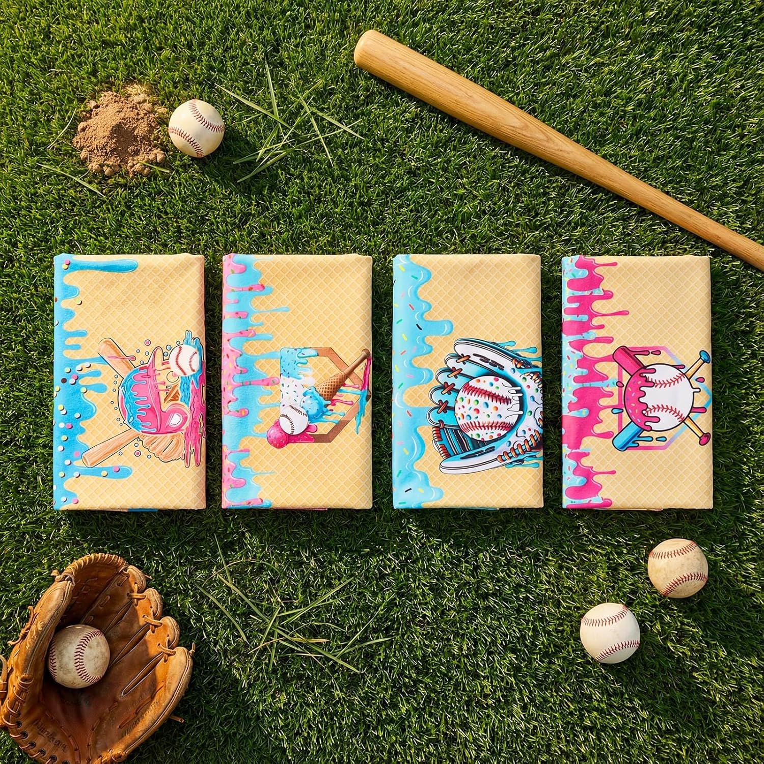 Peryiter 4 Pcs Ice Cream Drip Baseball Beach Towels Extra Large 27.6 * 59 Inches Baseball Team Gifts Funny Pool Towels for Summer Beach Swimming Family Friends Summer Party Favors Birthday Gifts