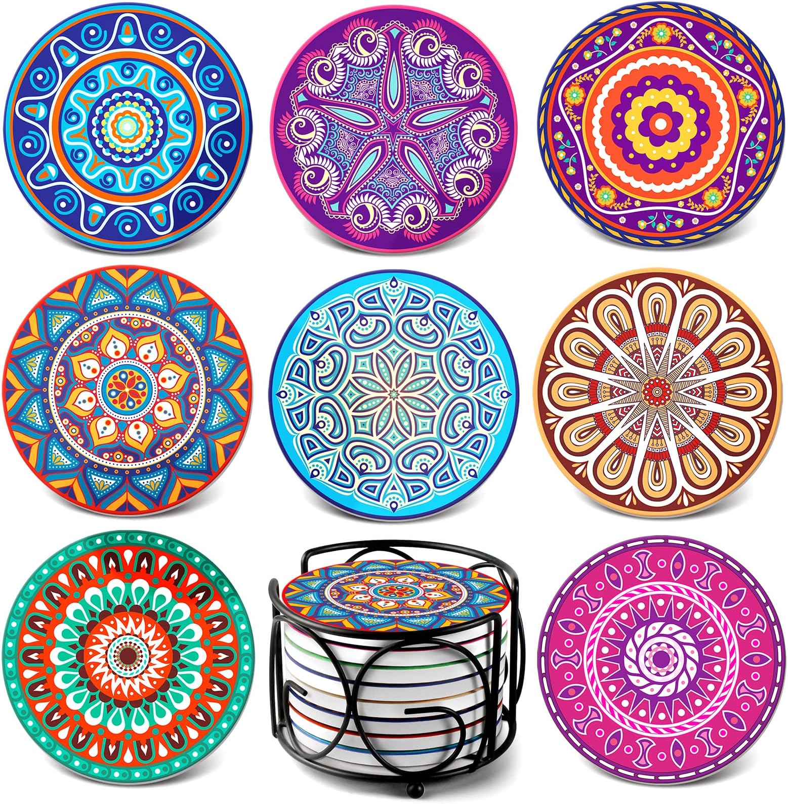 Teivio Absorbing Stone Mandala Ceramic Coasters for Drinks Cork Base with Holder, for Friends Funny Birthday Housewarming Apartment Kitchen Bar Decor, Suitable for Wooden Table, Coffee Table, Set of 8
