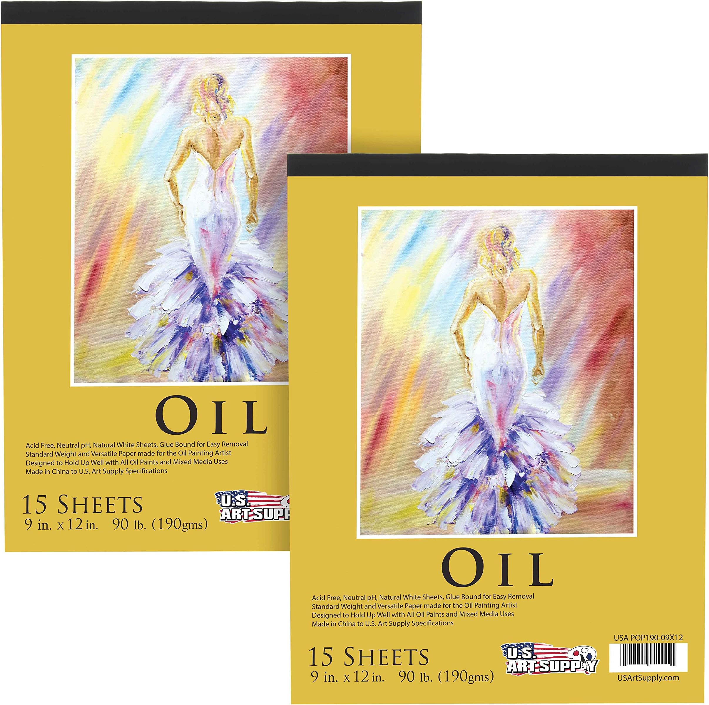 U.S. Art Supply 9" x 12" Premium Heavy-Weight Oil Painting Pad (2 Pack, 30 Sheets Total) - 90lb (190gsm) - Oil Pastel Paper for Students and Adults