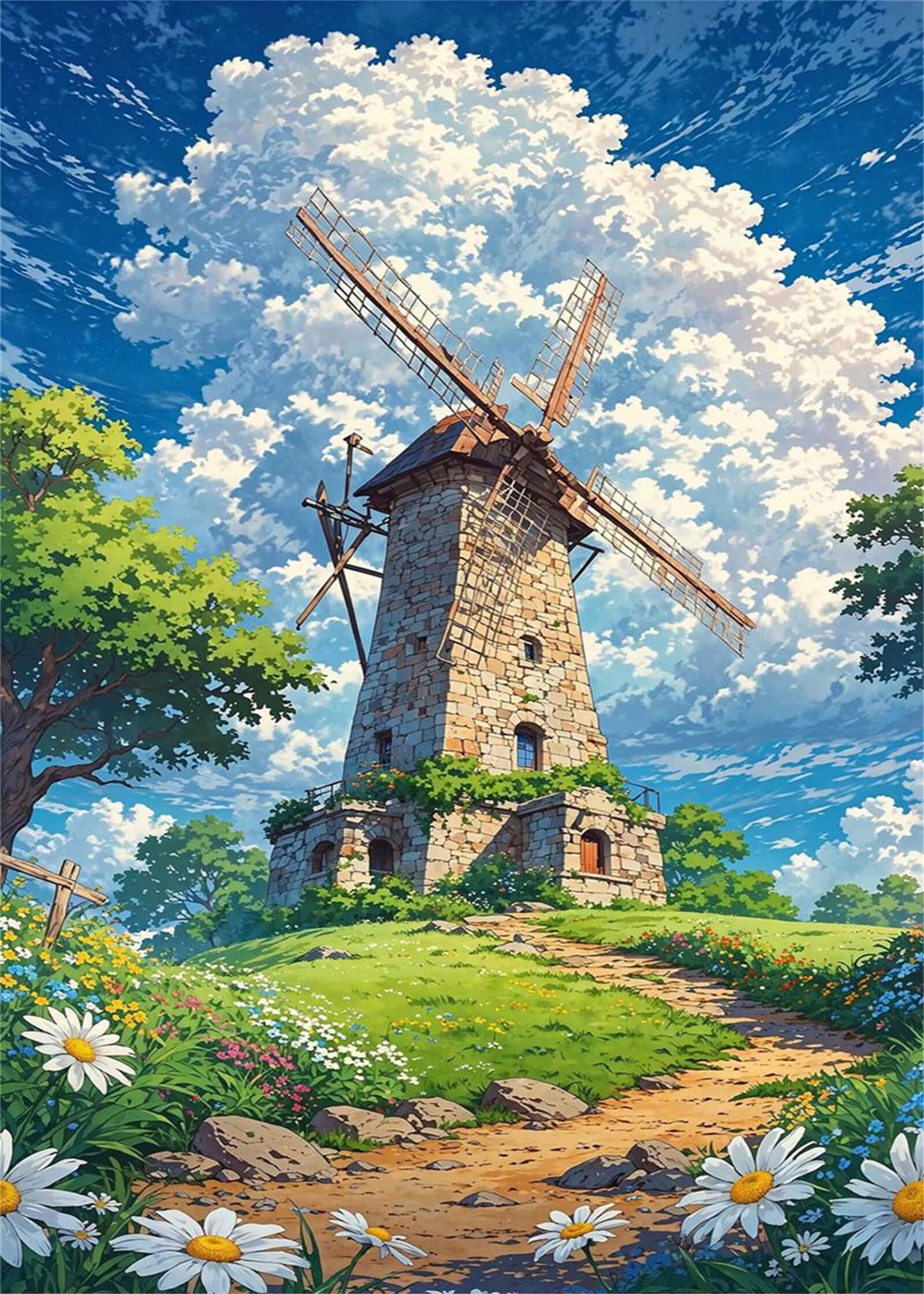 Pintar por Numeros para Adultos,sin marco Paint by Numbers Kit DIY Cuadros Pintura al óleo de Lienzo con pigmento acrílico y pinceles para Hogar Decor Campos de paisajes de molinos de viento,60x75 cm
