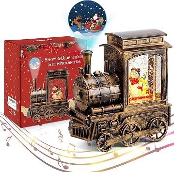 IPOW Christmas Snow Globe Lantern Train with Santa Sleigh Projection, Water Swirling Glitter Musical and Lighted USB Powered & Battery Operated Music Box for Christmas Home Decoration Gift