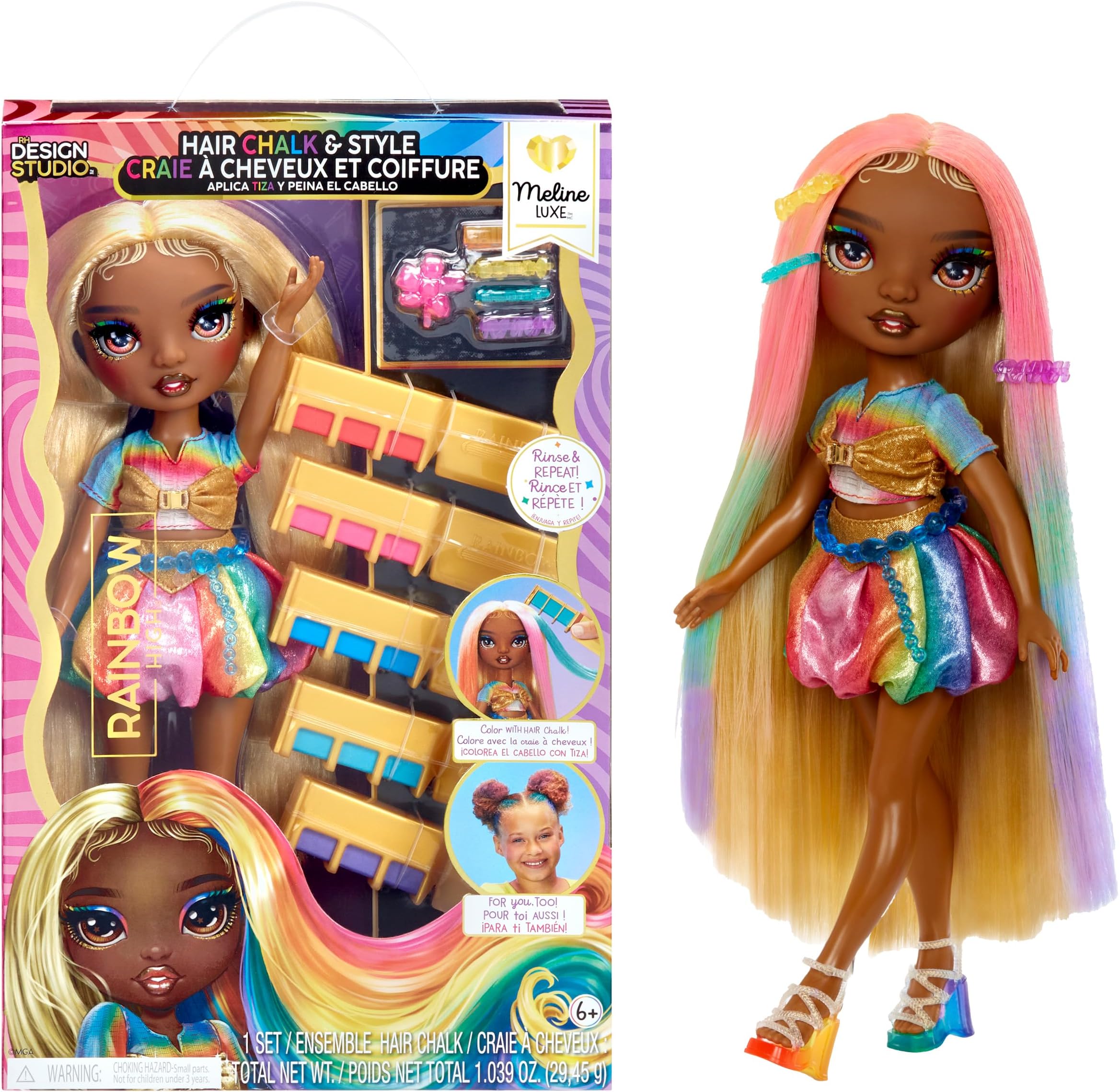 Hair Chalk & Style Meline – Rainbow & Gold 11” Doll. Washable Rainbow Hair Chalk, Color, Style, Play, Rinse & Repeat. Kids Gift 4-12+