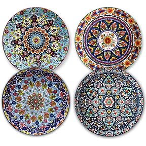 Dinner Plates Set of 4, 10.5 Inch Ceramic Plates for Steak, Dishes Set for Kitchen, Housewarming Gift，Microwave, Oven & Dishwasher Safe, Bohemian