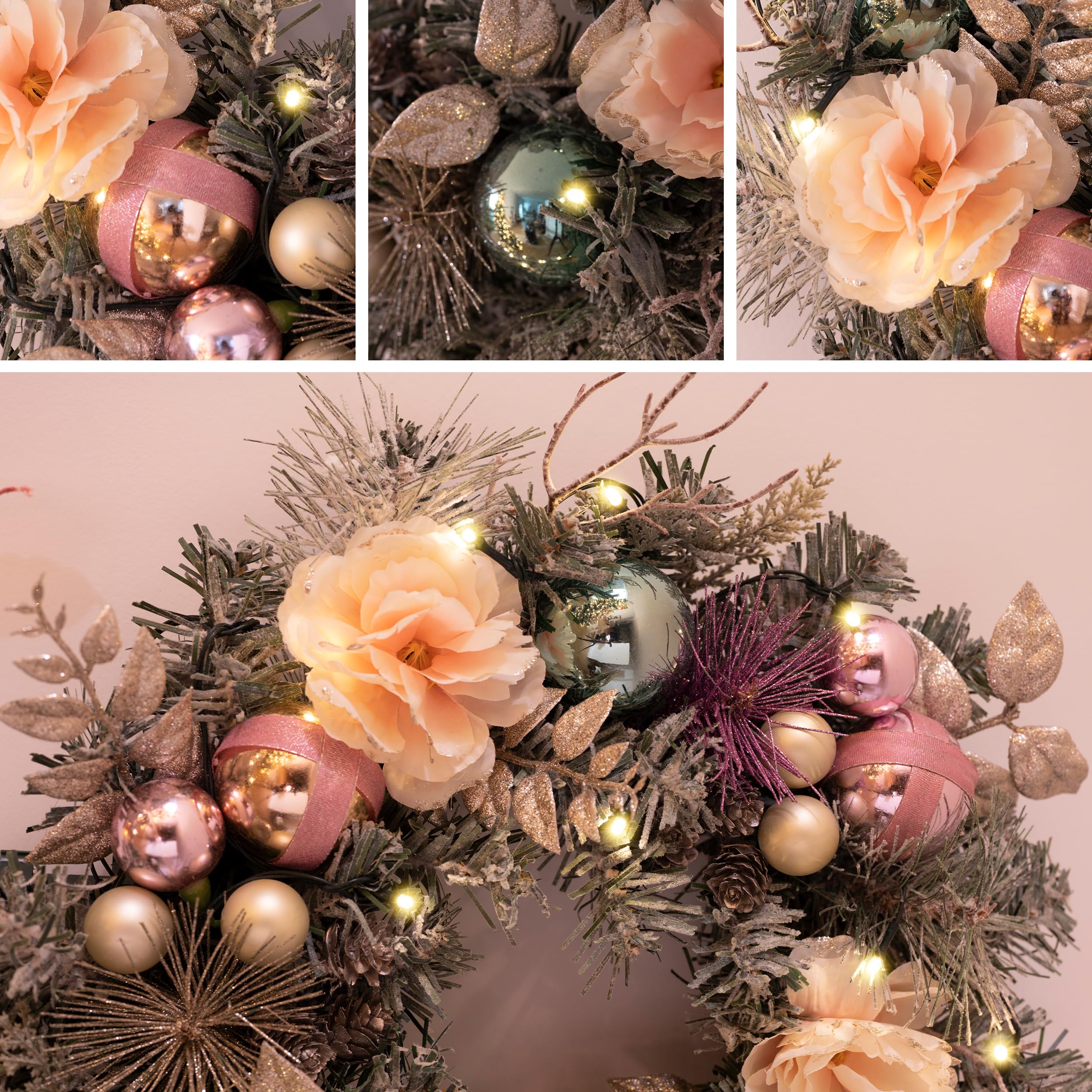 Valery Madelyn 18 Zoll/46 cm Weihnachtskranz für Haustür mit Funkelnde Traumrose und Goldener Kranz mit Kugeln, Weihnachtsriff mit LED Lichtern und Timer-Funktion für Weihnachtsfeiern Dekoration