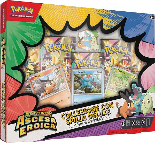 Pokémon: collezione con spilla deluxe Compagni d’avventura dell’espansione Megaevoluzione - Ascesa Eroica del GCC Pokémon (3 carte promozionali olografiche, 1 spilla deluxe e 5 buste di espansione) - 1
