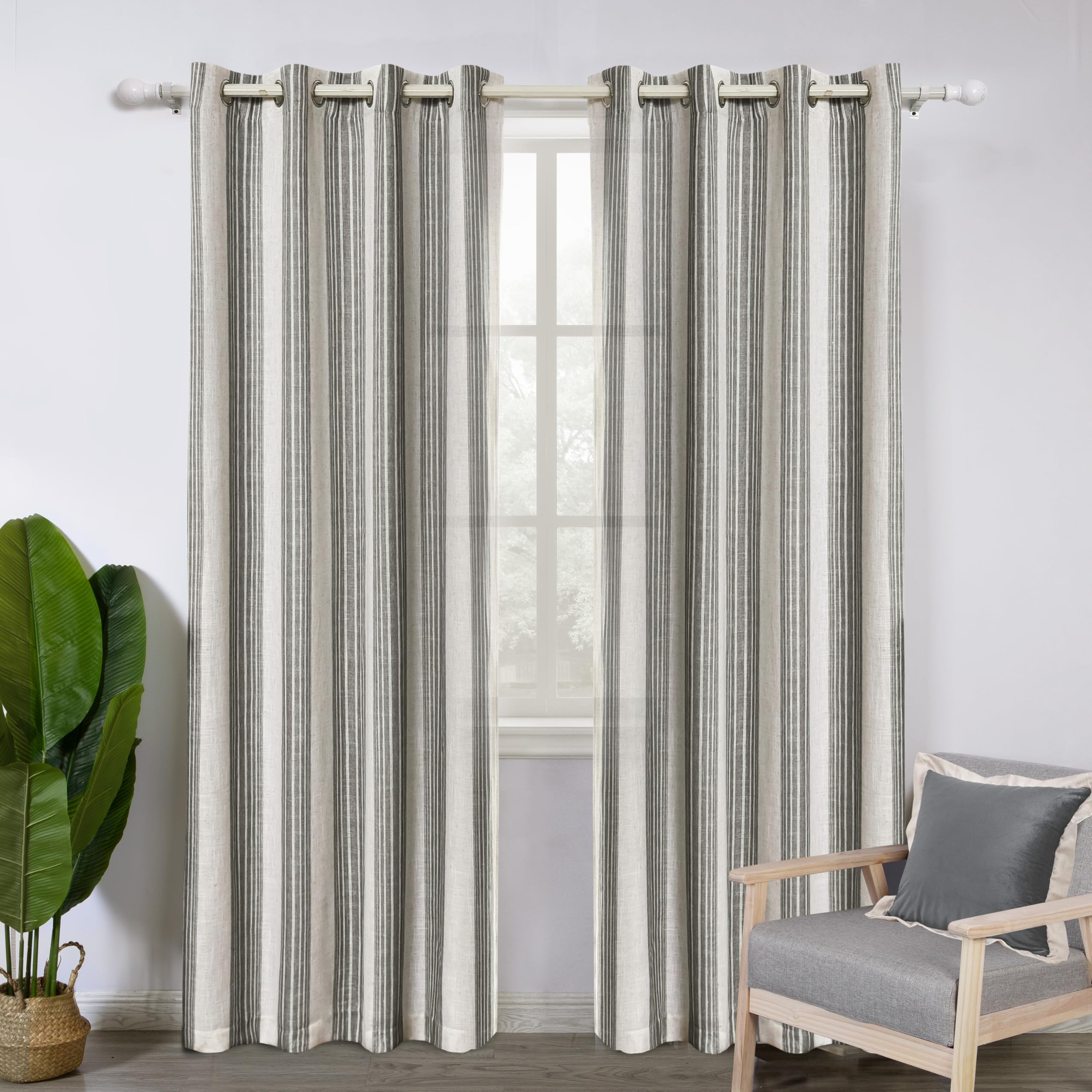 DriftAway Farmhouse Vorhänge aus Leinen-Mischgewebe, vertikal, gestreift, lichtfilternd, halbtransparent, für Wohnzimmer, Schlafzimmer, 244 cm lang, 2 Paneele, breit gestreift, Grau