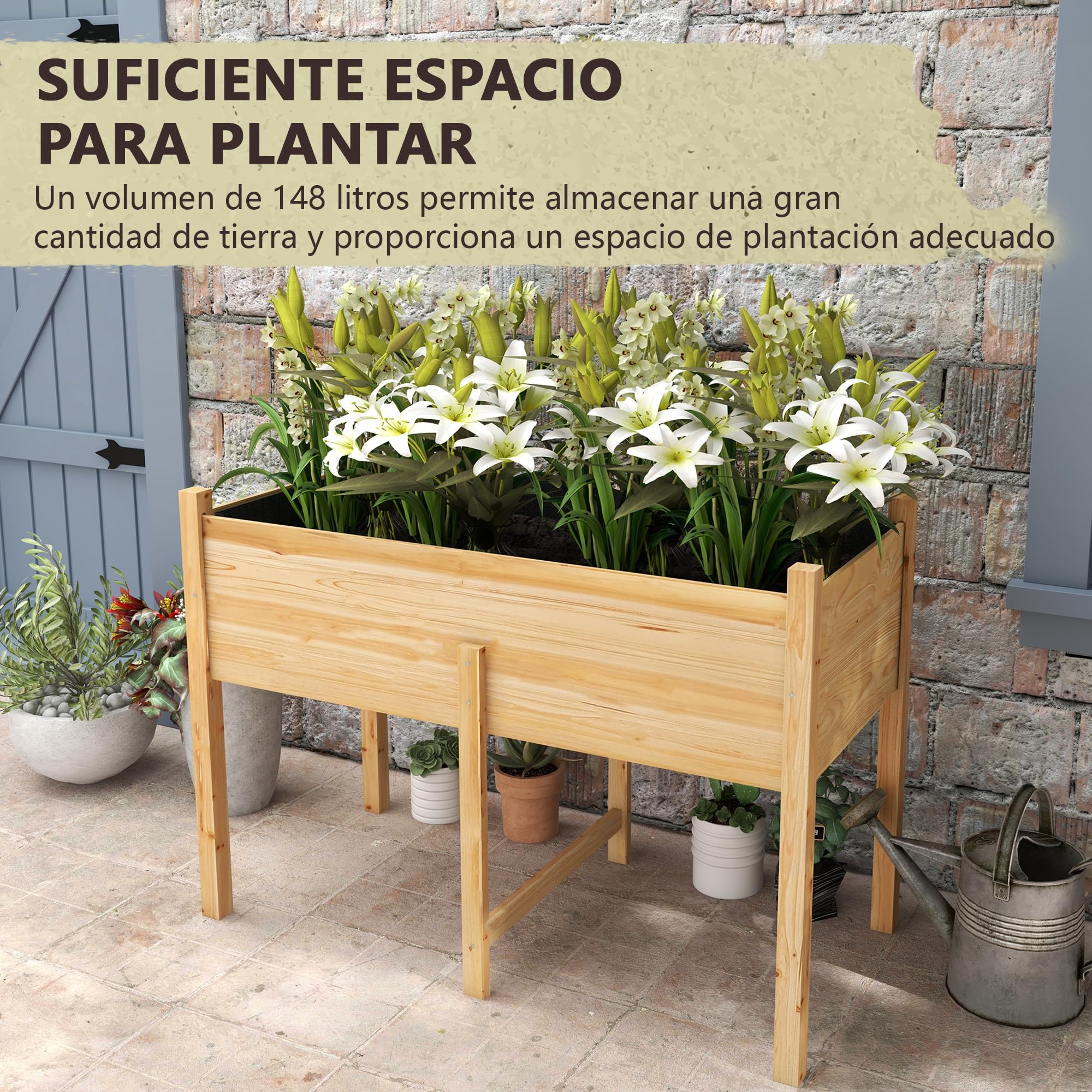 Outsunny Huerto Urbano Elevado Mesa de Cultivo de Madera 115x55x80 cm Jardinera de Cultivo con Tela no Tejida Carga 100 kg para Cultivo Plantas Flores Verduras Natural