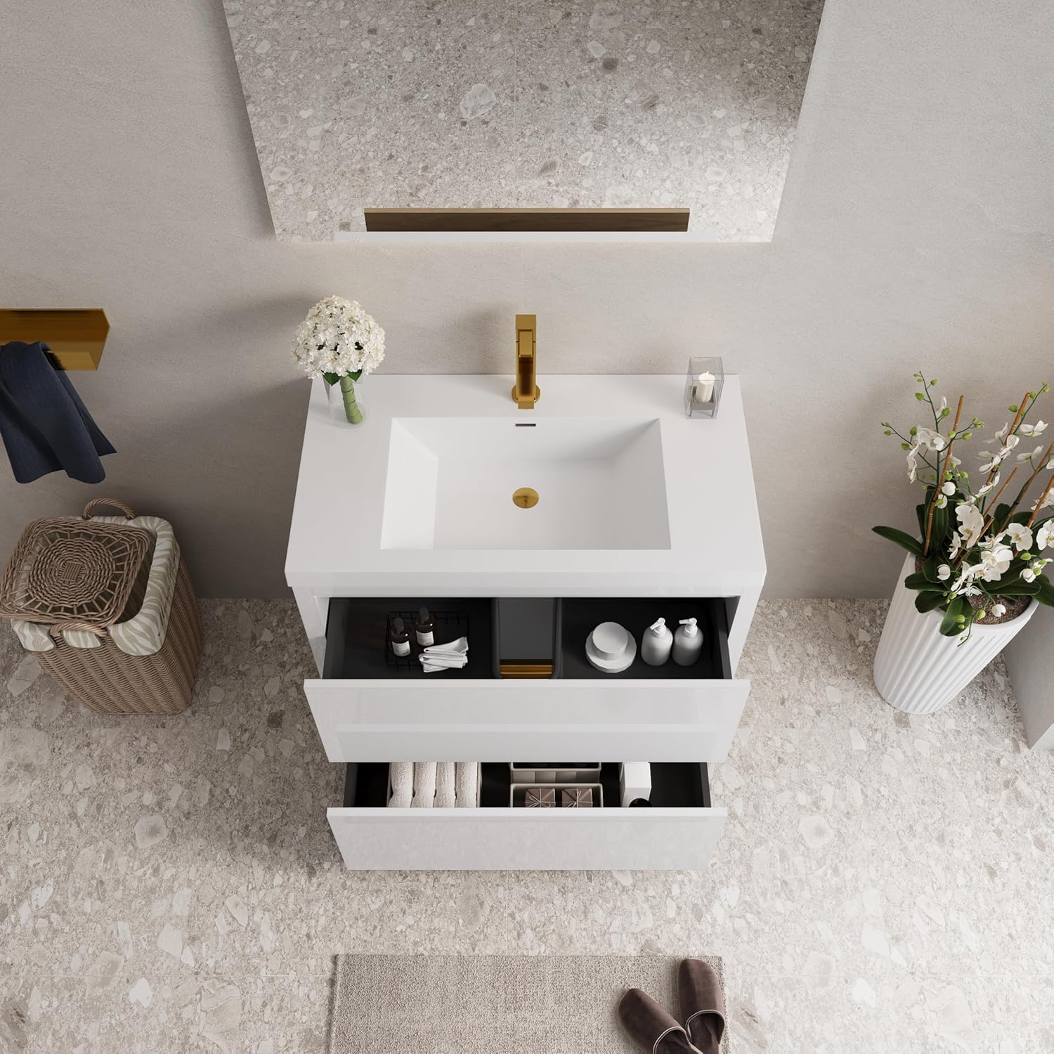 36" Freestanding Bathroom Vanity with Sink, Bathroom Storage Vanity Cabinet with Stone Resin Countertop and Soft Close Drawers, Glossy White