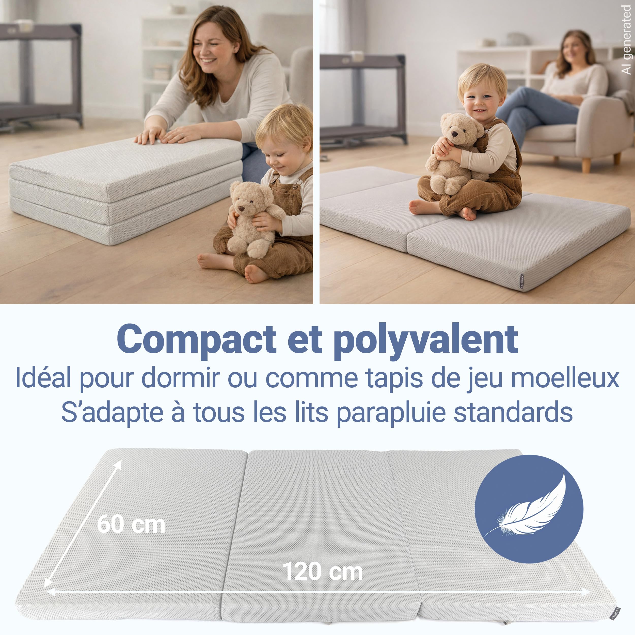 LaLoona Matelas Bebe 60x120 cm pour Lit Parapluie – Matelas Pliable de Voyage, Hauteur 5 cm, Respirant, Housse Lavable, Certifié Oeko-TEX, avec Sac de Transport – Gris