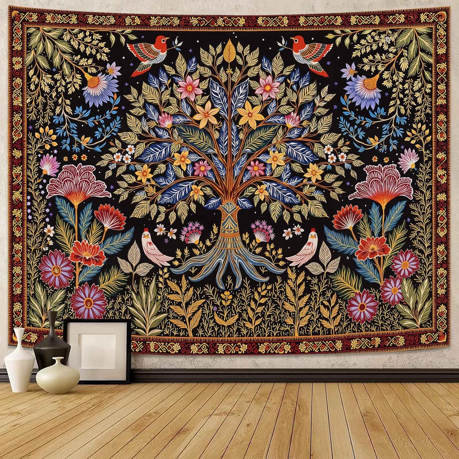 Lunerfex Tree of Life Tapastry Butterfly Moon Tapastry Flower Green Tree Tapestries Mandala Wall Hanging for Bedroom and Living Room Decor 70×90 Inches