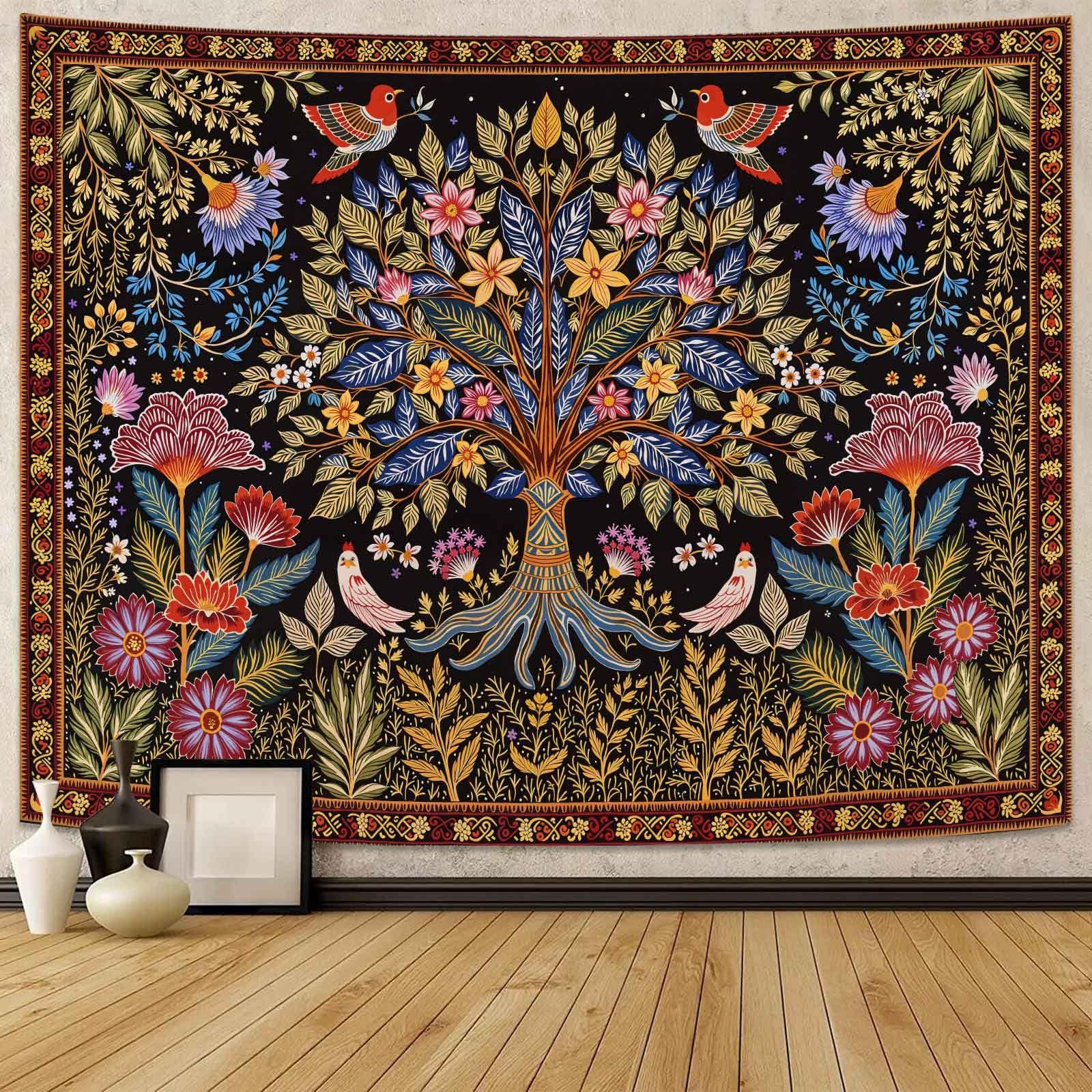 Lunerfex Tree of Life Wall Tapestry - Vibrant Folk Art & Botanical Wall Hanging for Bedroom and Living Room Decor - Boho Nature Tapestries 80"x60"