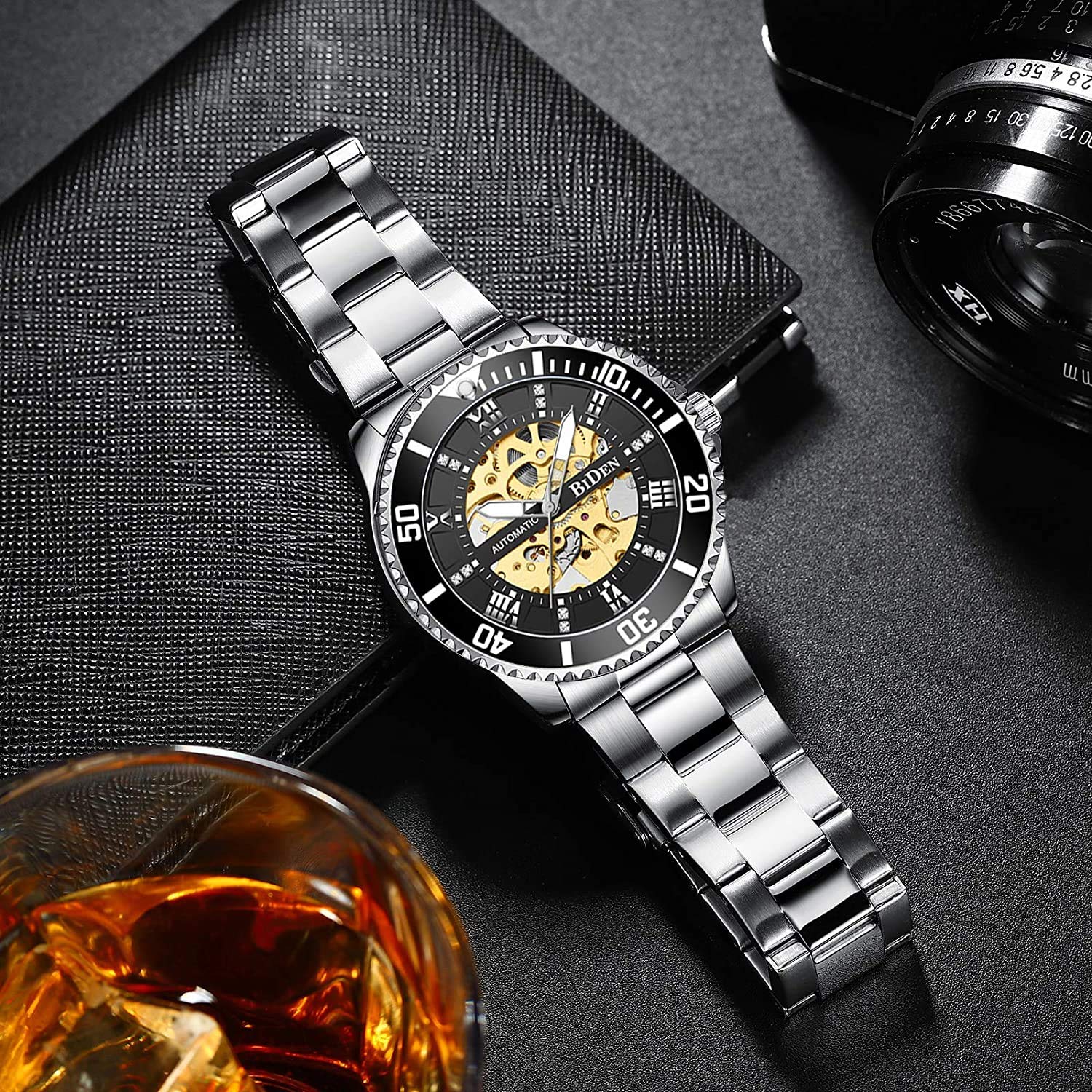 MASTOP Relojes mecánicos automáticos para hombre, de acero inoxidable, con esfera de diamante, de lujo, clásicos, de negocios, para hombre de negocios